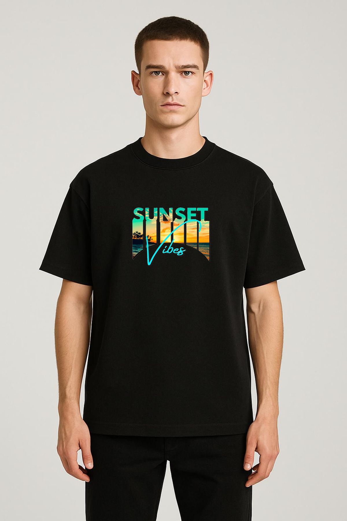 MODA Unisex Oversize Kalıp Sunset Vibes Baskılı T-Shirt