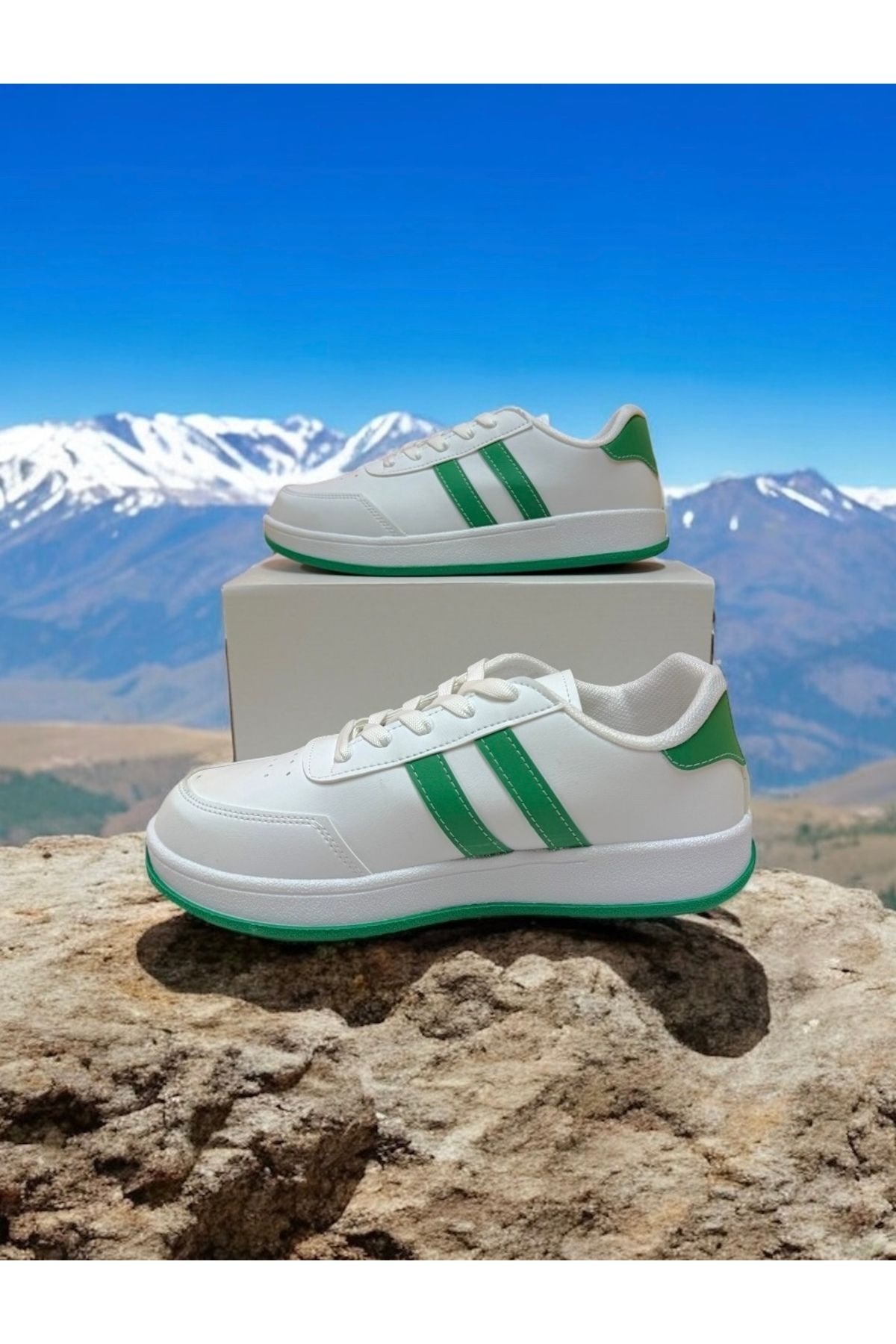 Trendova Beyaz-Yeşil İki Bantlı Unisex Günlük Hafif Taban Sneaker Spor Ayakkabı