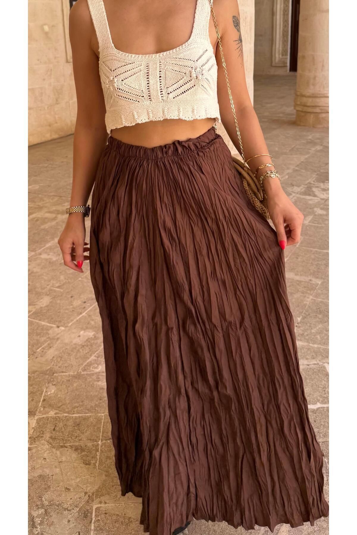 Daves Kahverengi Kadın Beli Lastikli Crush Efektli Uzun Etek