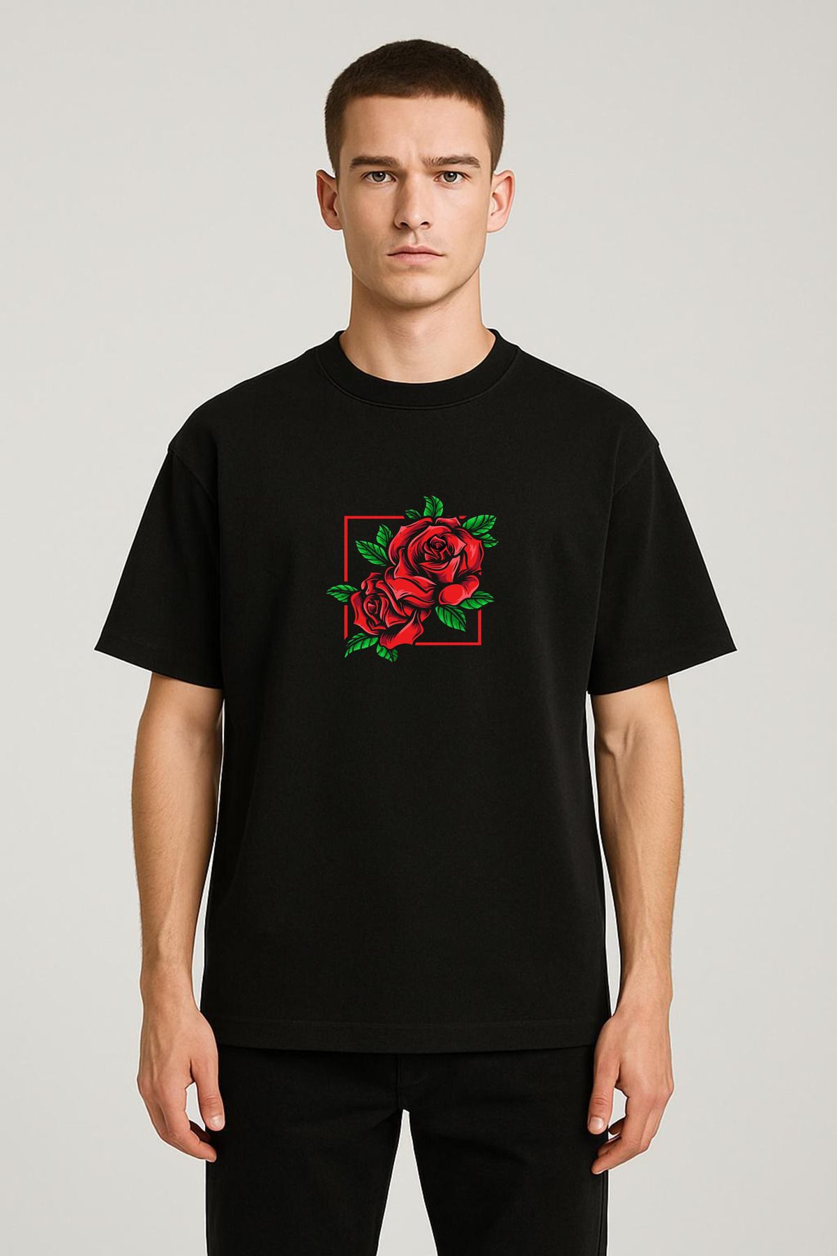 MODA Unisex Oversize Kalıp Gül Baskılı T-Shirt