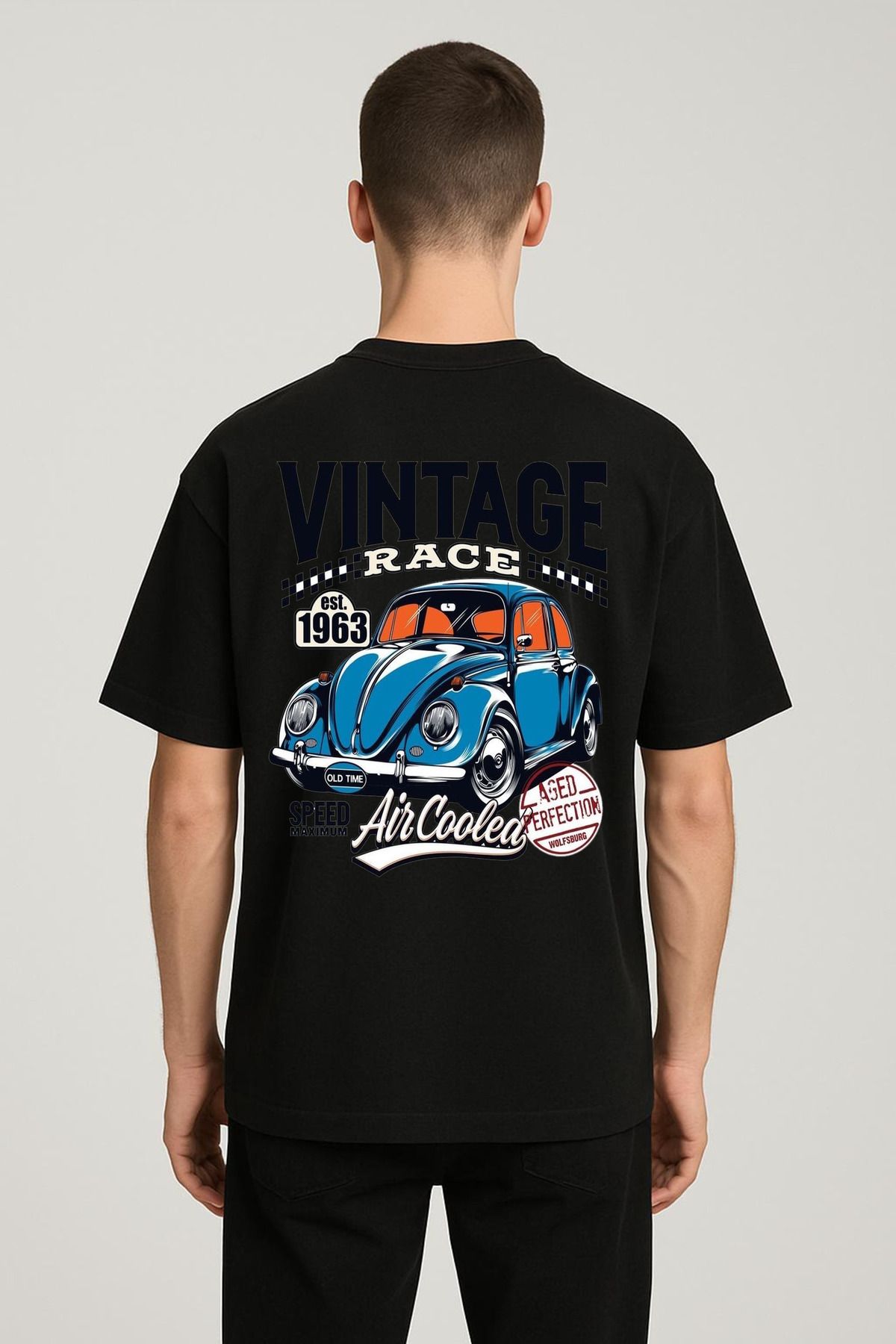 MODA Unisex Oversize Kalıp Vintage Race Baskılı T-Shirt