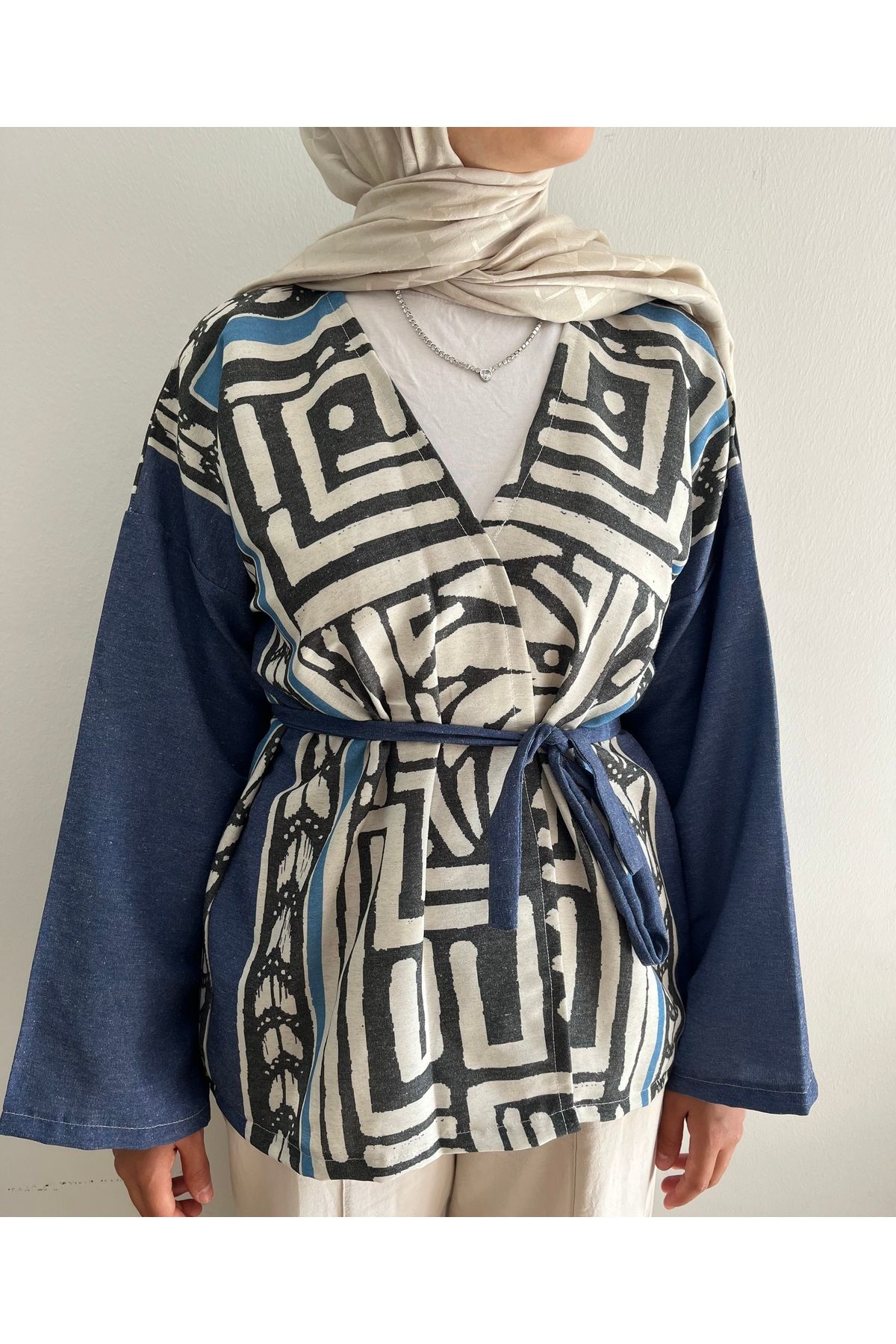 FASİON Belden Bağlamalı Labirent Sky Kimono