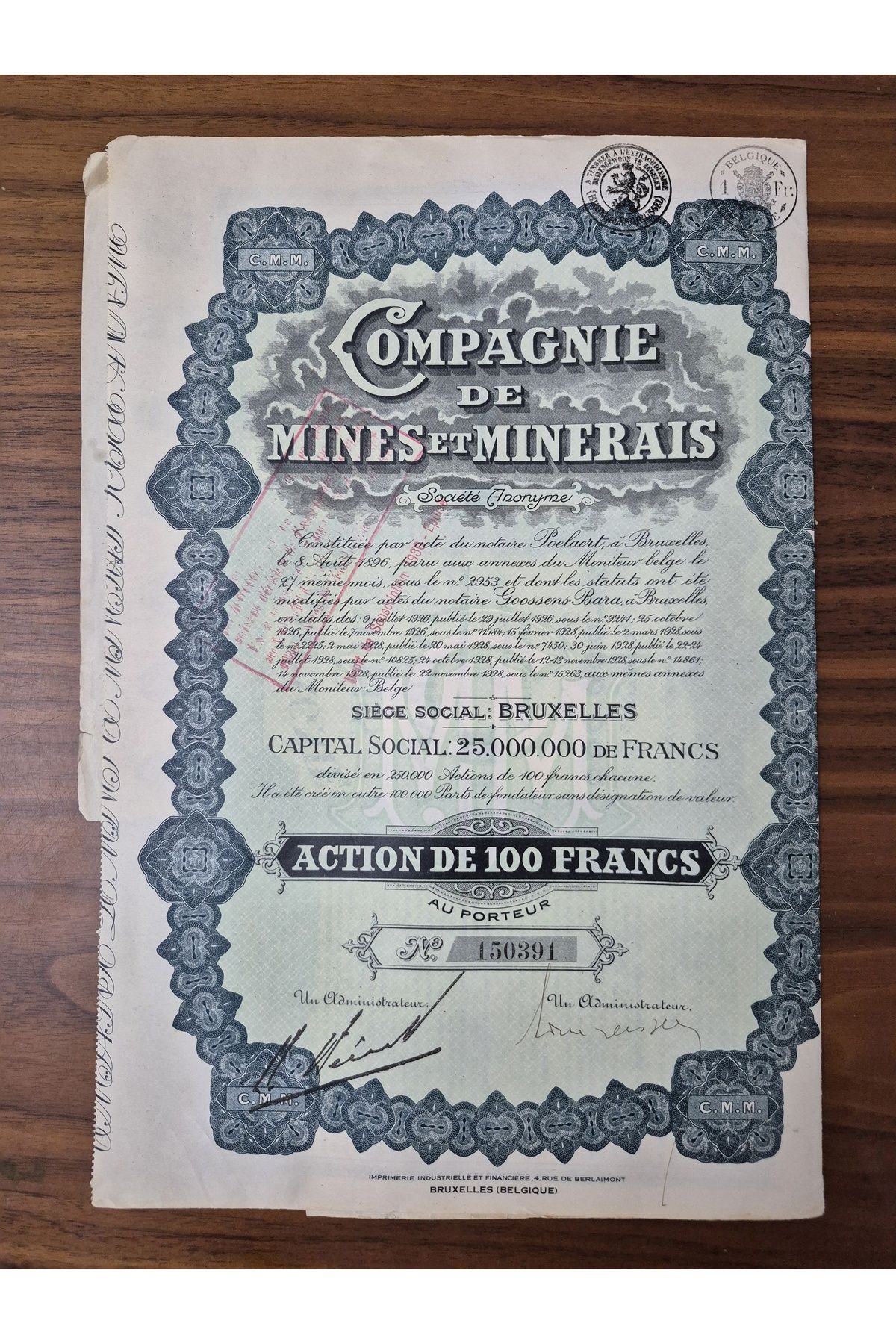 Edi Antik 1928 Belçika Maden Şirketi Temiz. Orijinal