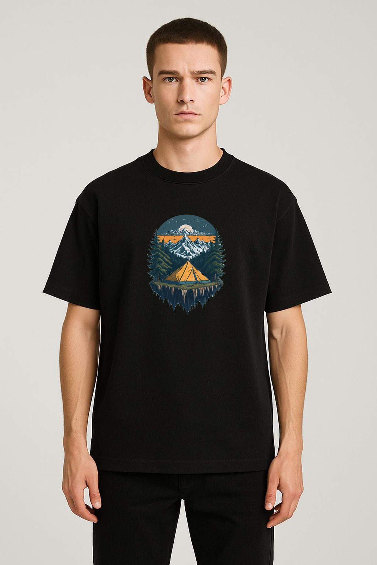MODA Unisex Oversize Kalıp Camping Baskılı T-Shirt