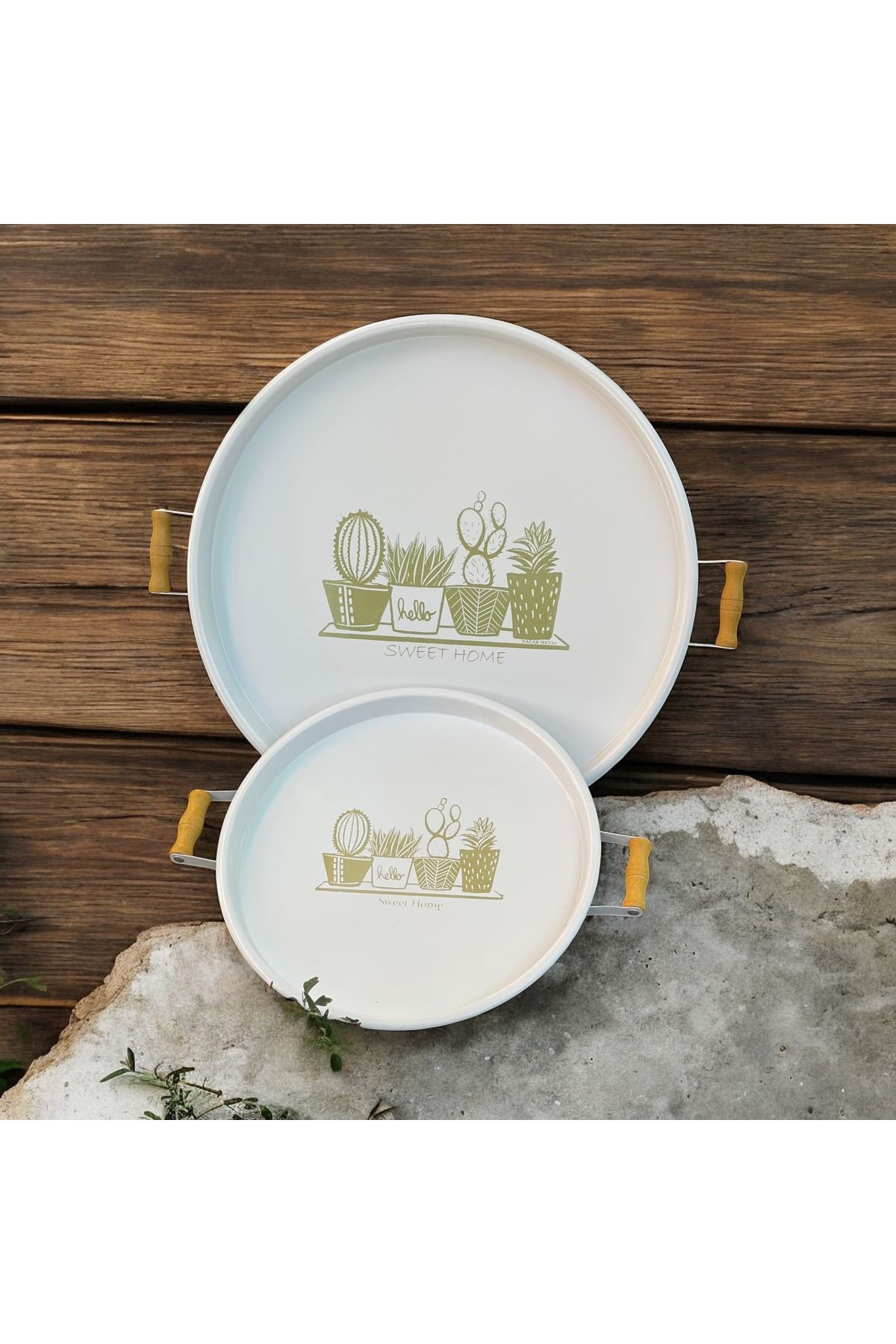 gastromarka 2'li (51,37 cm) Ahşap Kulplu Kaktüs Baskılı Metal Tepsi Çay Kahvaltı Kahve Servis Sunum Tepsi Seti