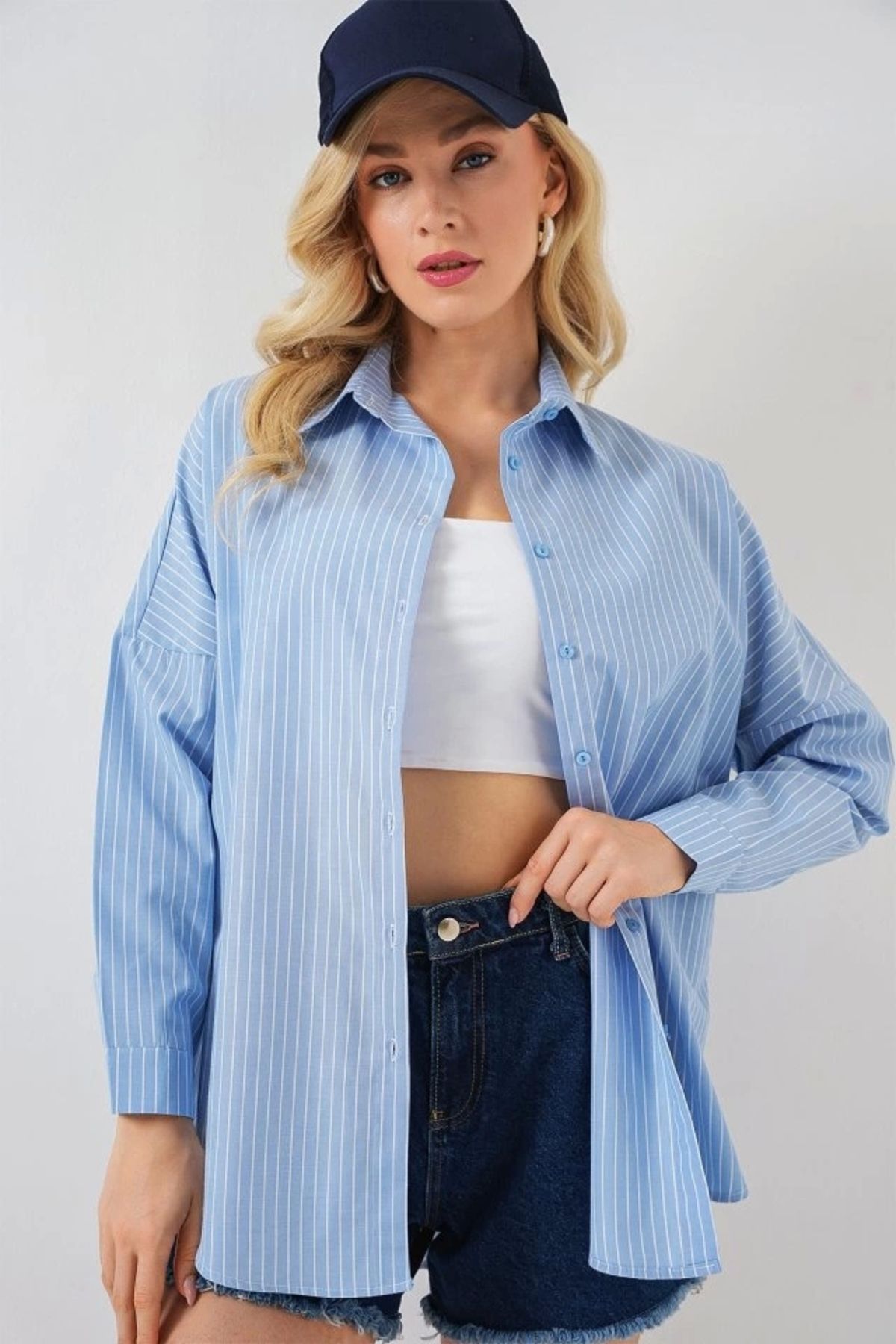 Butik Çizgili Oversize Gömlek 20332 - C.Mavi