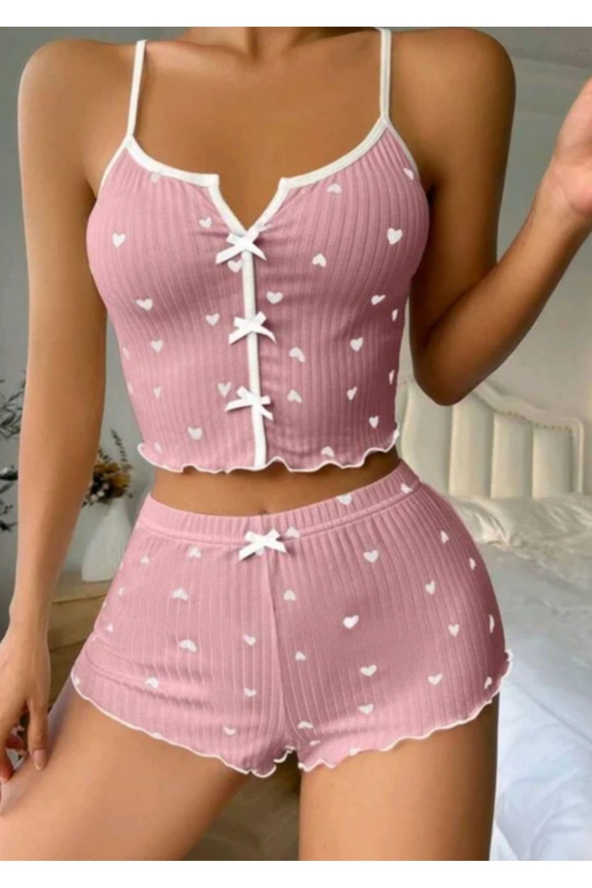 Ruselin Kadın Pudra Kalpli Seksi Gecelik Takım 6643