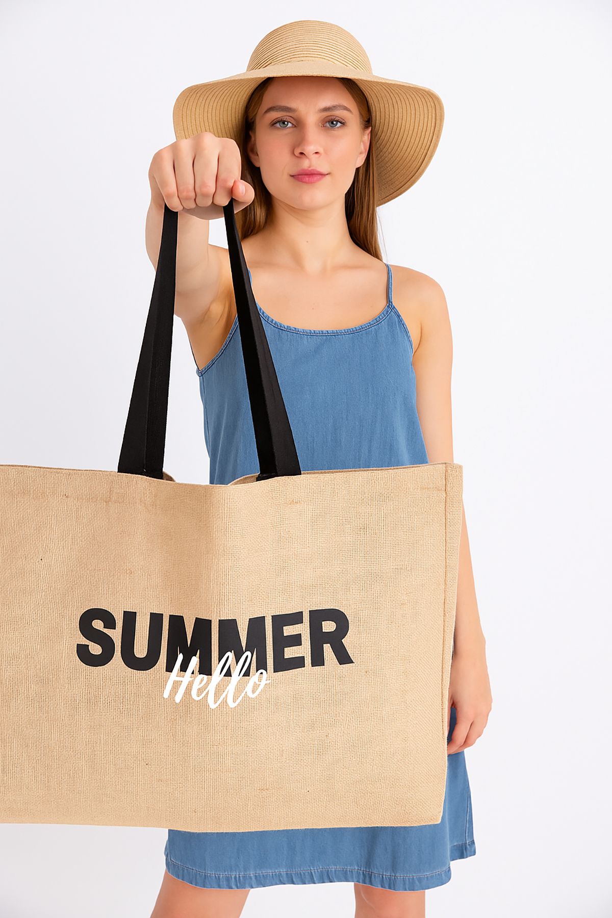 REKHOME Summer Hello Baskılı Hasır Renkli Naturel Jüt Alışveriş, Piknik, Omuz, Deniz Plaj Çantası 56x40x8