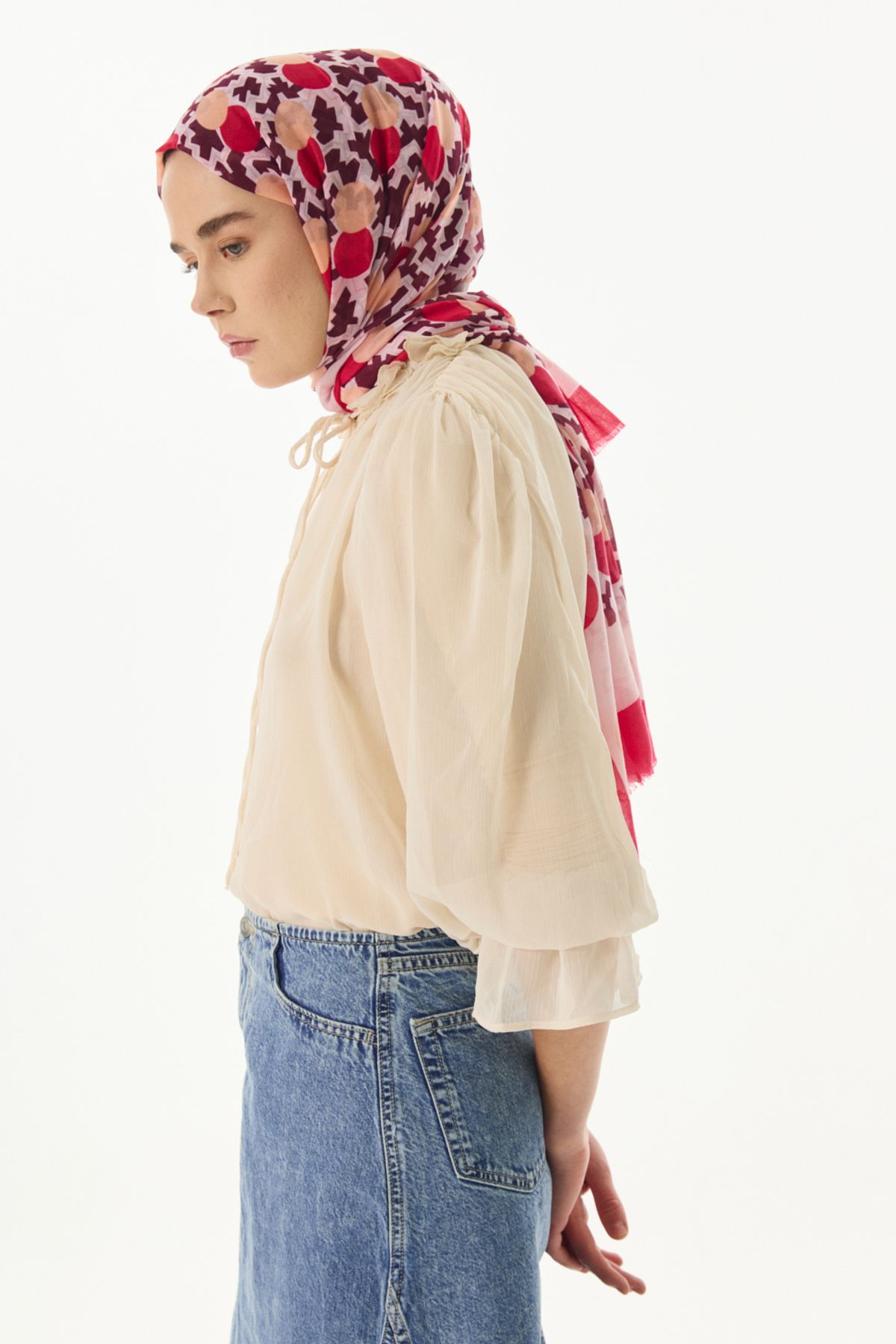 FENZA SCARF Geometrik Desen Pamuklu Şal - Kırmızı-Somon