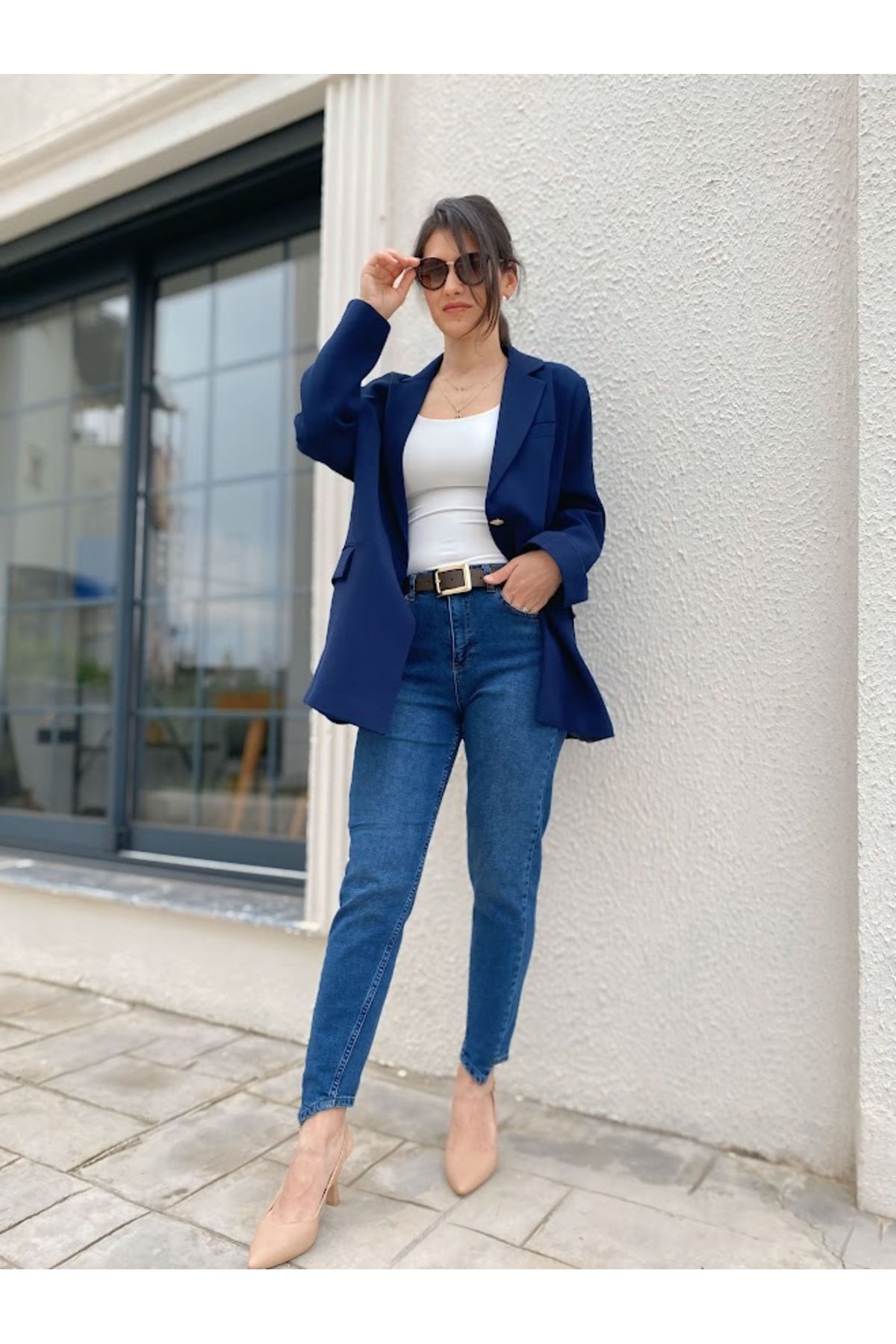 PERİNN BUTİK Mavi Dar Paça Mom Jean