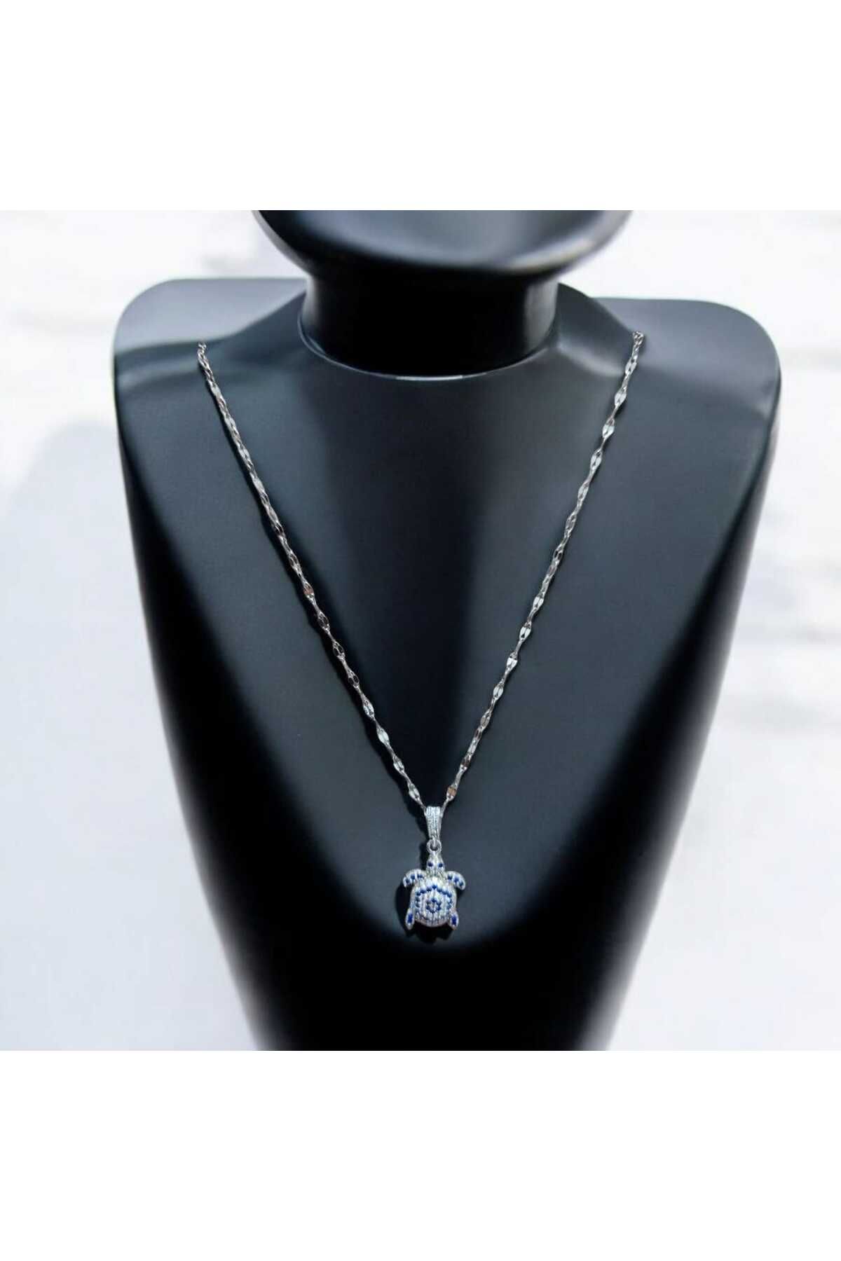 ekacsessories Zirkon Taşlı Gümüş Renk Çelik Kaplumbağa Kolye