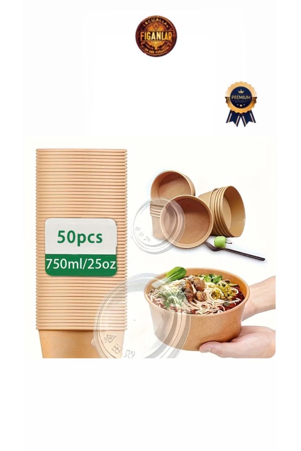 figanlar ambalaj Şeffaf Kapaklı Kraft Karton Makarna ve Salata Kasesi 750cc 50 Adet