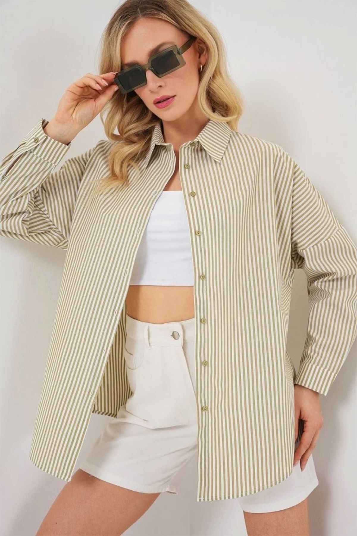 Butik Çizgili Oversize Gömlek 20332 - Çağla