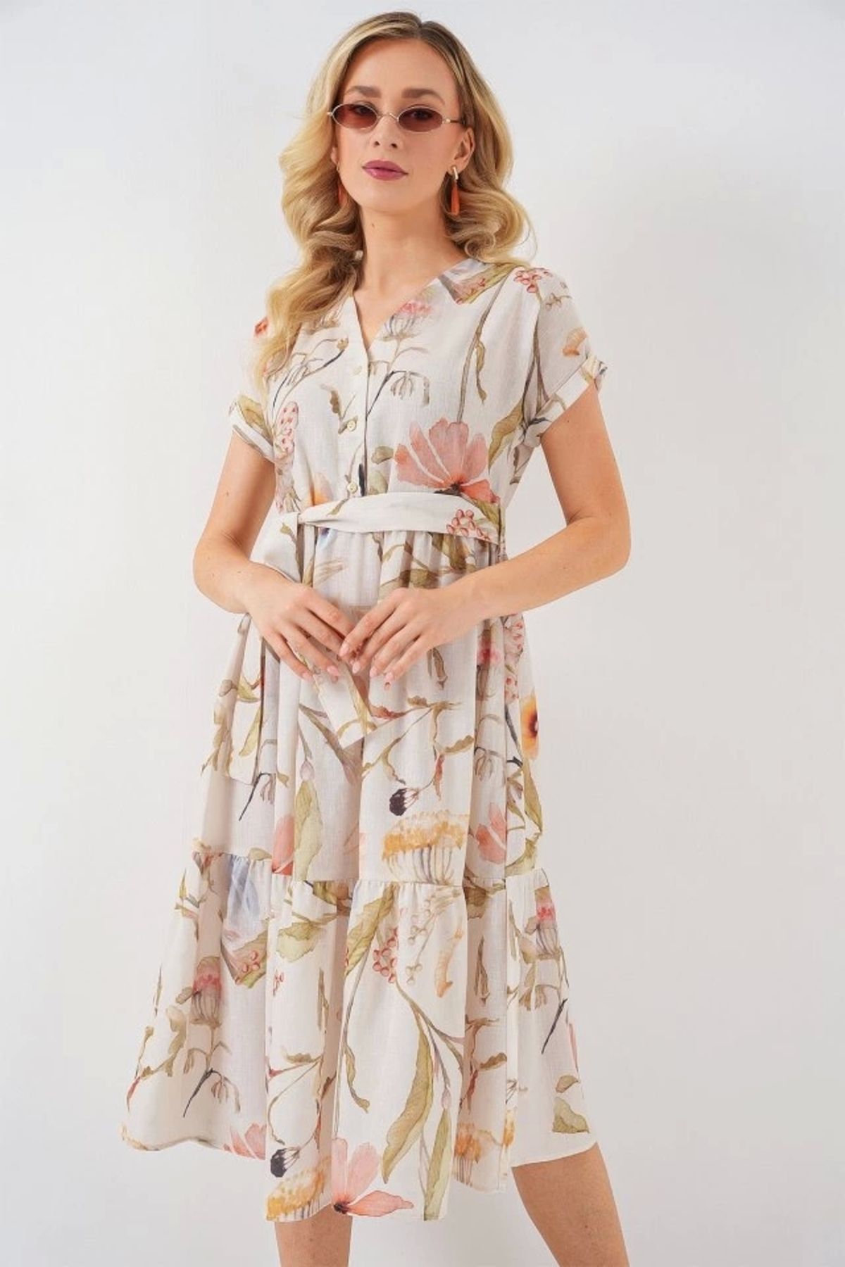 Butik Desenli Kısa Kol Elbise 2558 - Krem
