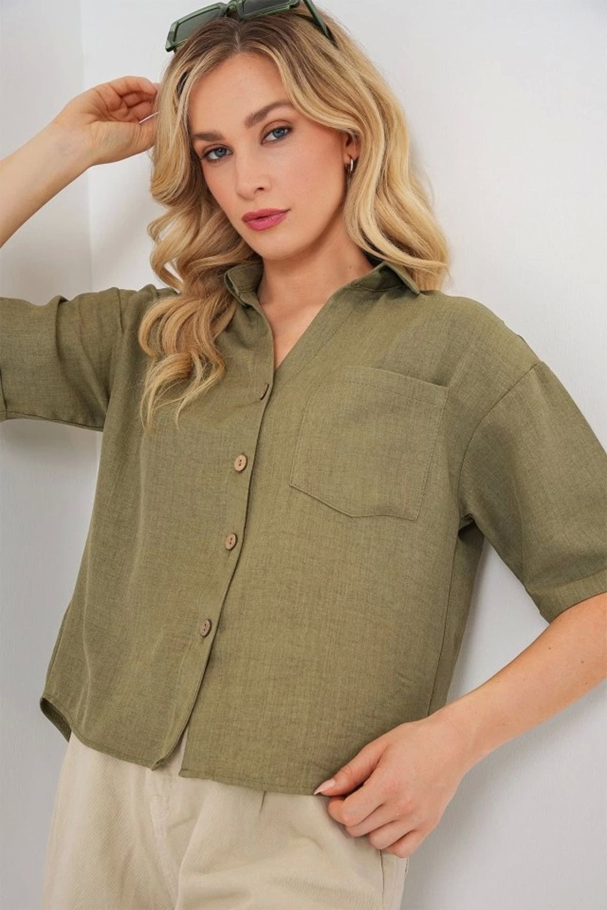 Butik Keten Görünümlü Crop Gömlek 20339 - Çağla