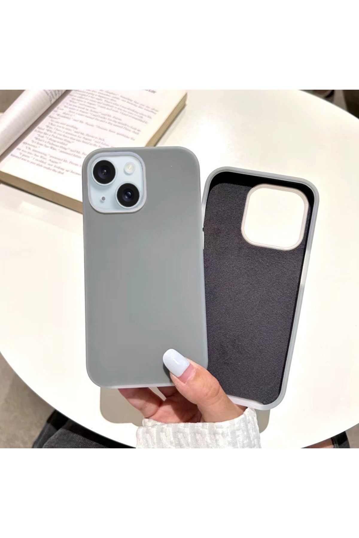EDELFU iPhone 15 Plus - 14 Plus Gri Silikon Yumuşak Çift Katmanlı içi Kadife Kutulu Koruyucu Mat Kılıf