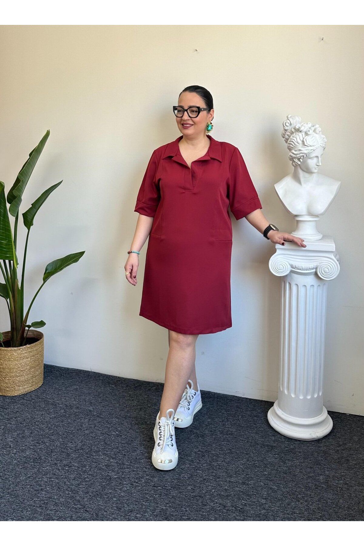 Vio Moda Büyük Beden Zr Model Polo Yaka Krep Elbise