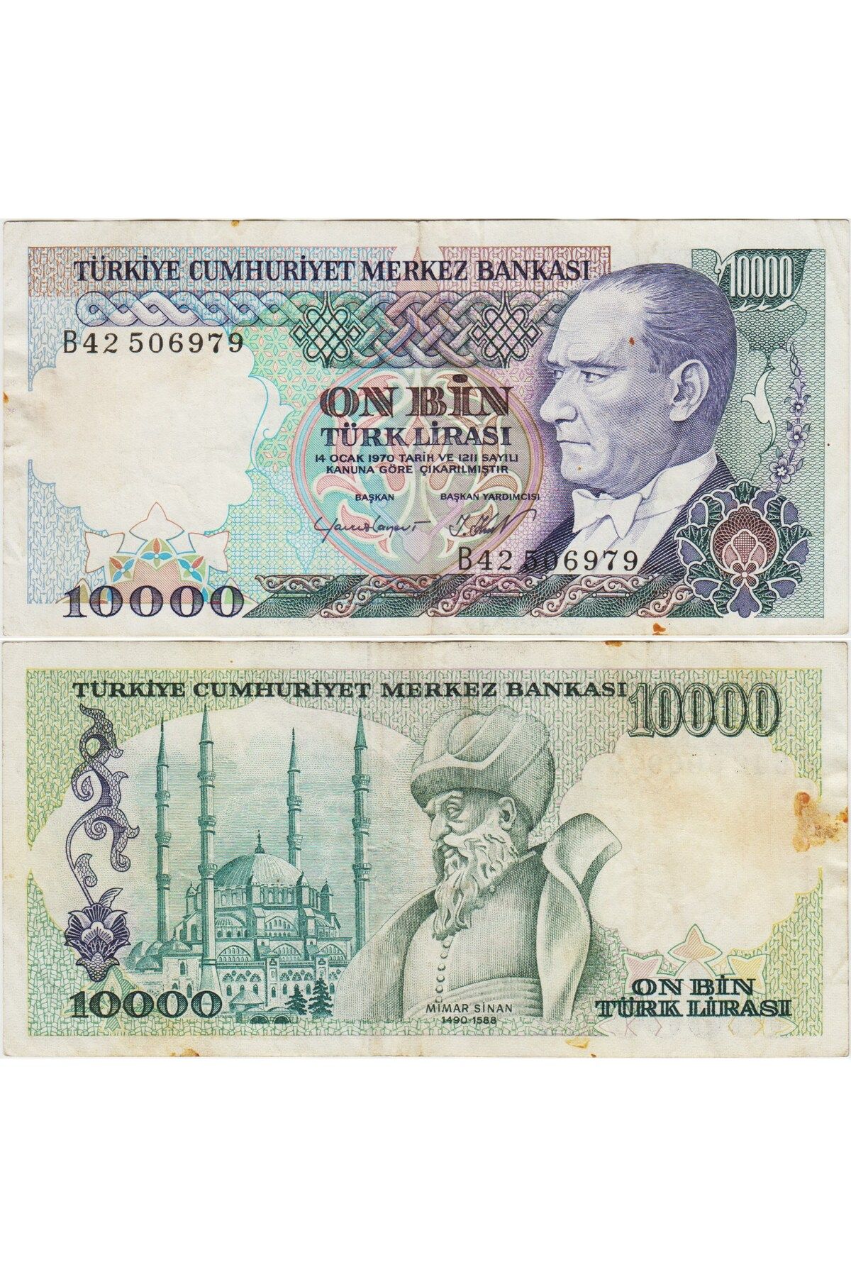 Banknoting TÜRKİYE CUMHURİYETİ 7. EMİSYON 2. TERTİP 10.000 LİRA B42. ÇOK TEMİZ KONDİSYON.