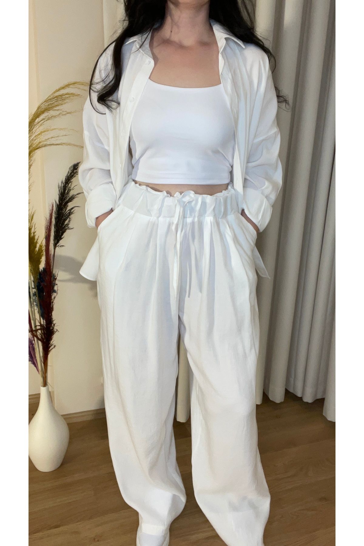 Aura Ella Kadın Oversize Gömlek Pantolon Takım – %100 Pamuk-Beyaz