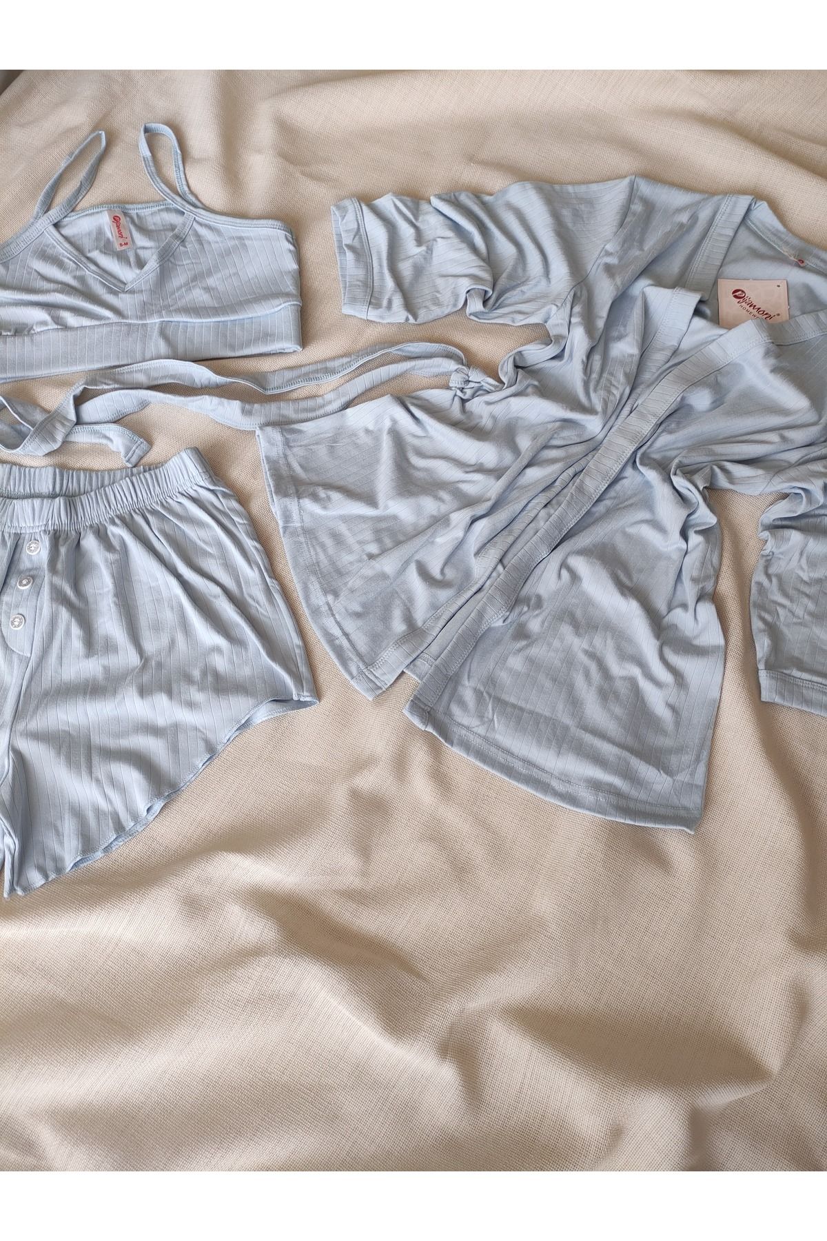Pijamoni PİJAMONİ DUBLİN KUMAŞ SABAHLIKLI 3'LÜ MAVİ KADIN PİJAMA TAKIMI S/M-L-XL-XXL