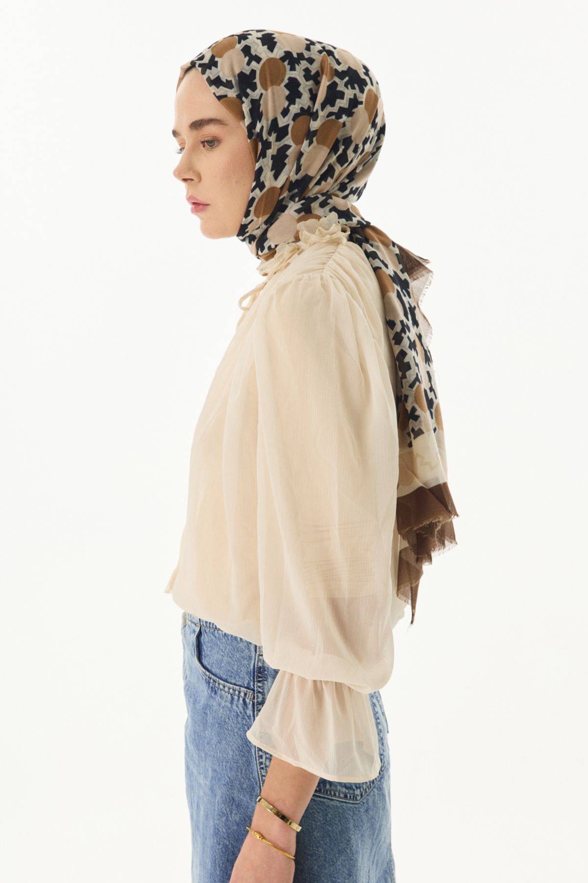 FENZA SCARF Geometrik Desen Pamuklu Şal - Kahve-Bej
