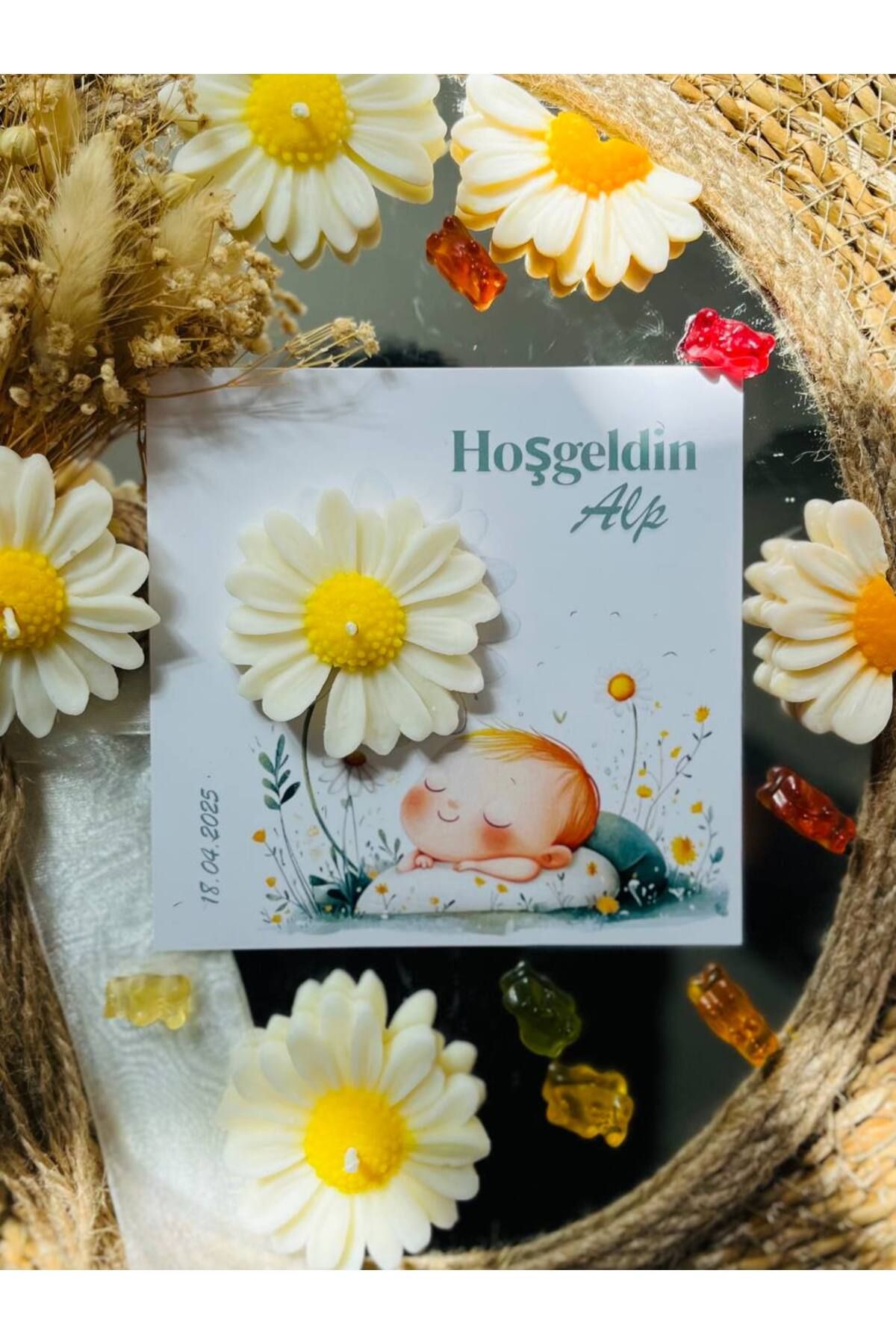 GUGES 10 Adet Özel Tasarlanmış Kart Ve Papatya Mum. Bebek Doğum, Babyshower, Doğum Günü, Hediyelik