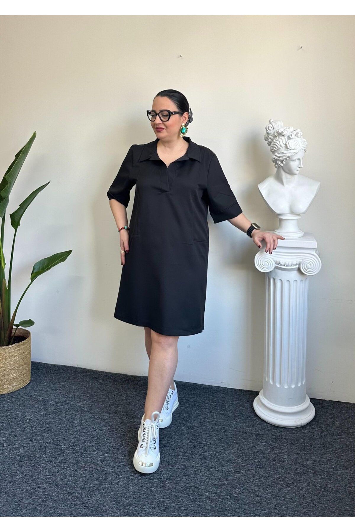 Vio Moda Büyük Beden Zr Model Polo Yaka Krep Elbise