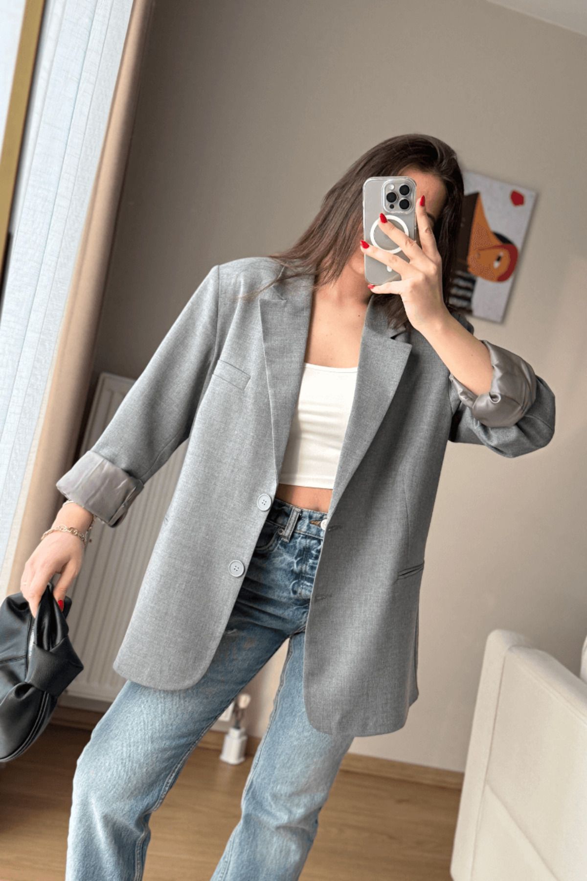 SEHOCO BUTİK Gri Oversize Blazer Ceket