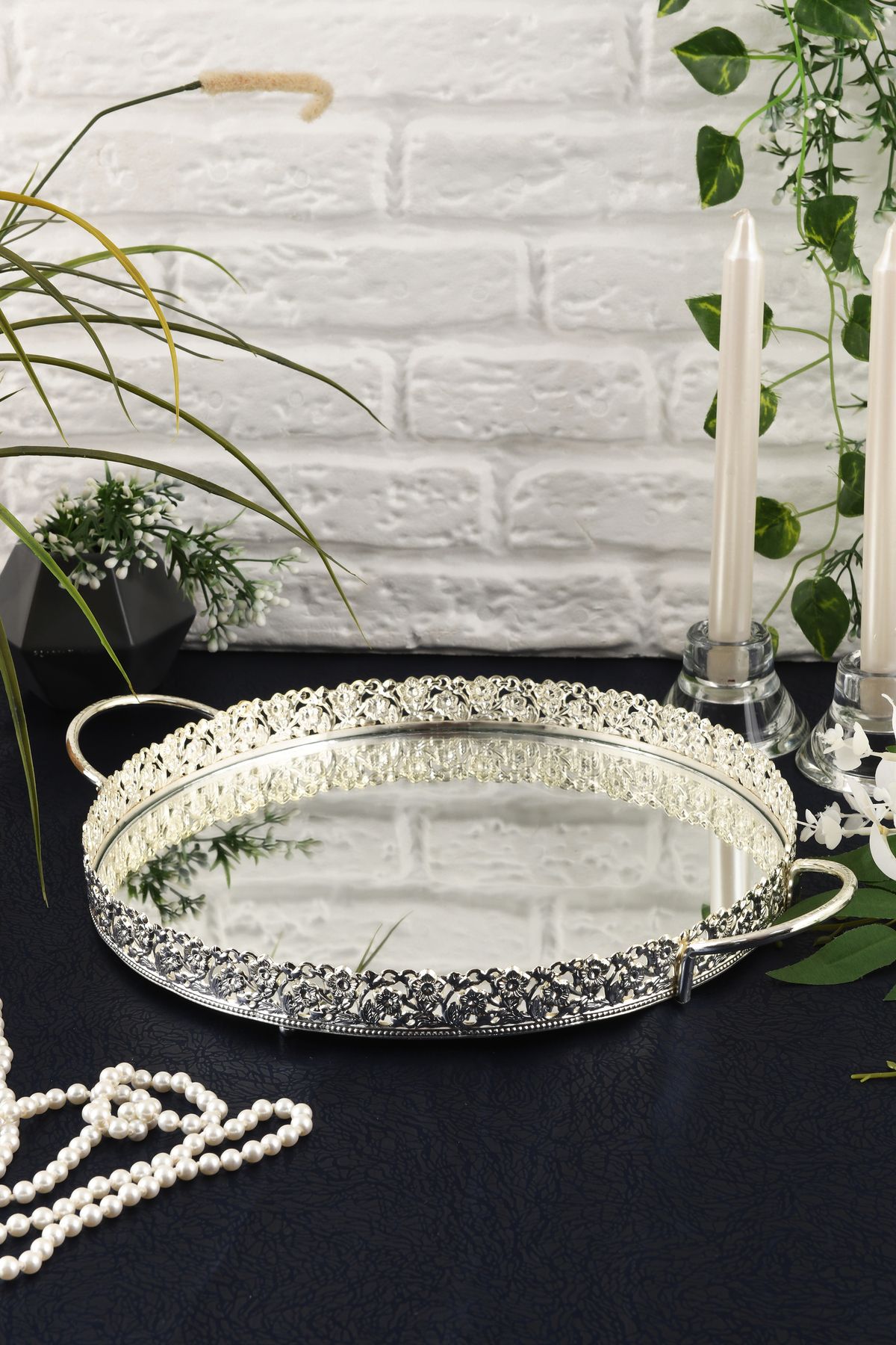 HELVACIOĞLU AKSESUAR-Coffee, Tea, Chocolate Presentation Tray with Mirror Handle 30 cm 4