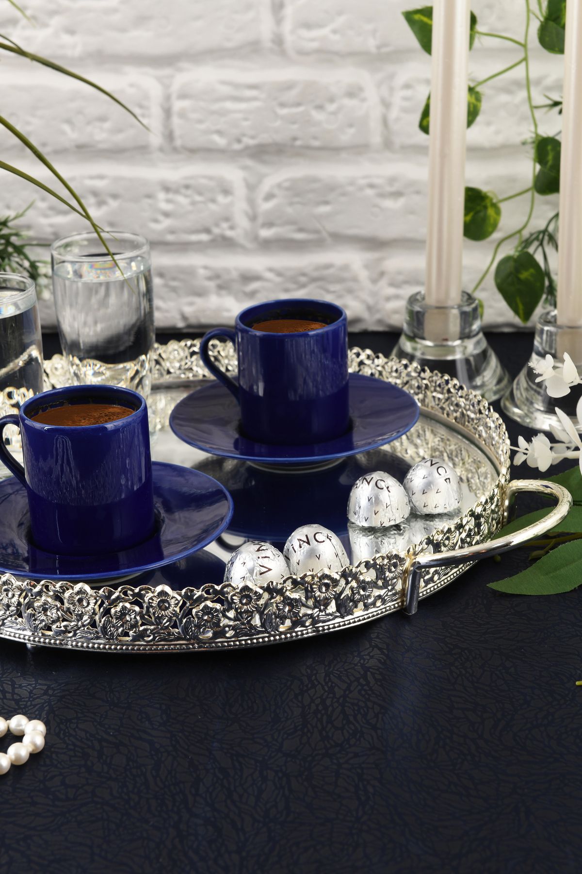 HELVACIOĞLU AKSESUAR-Coffee, Tea, Chocolate Presentation Tray with Mirror Handle 30 cm 7