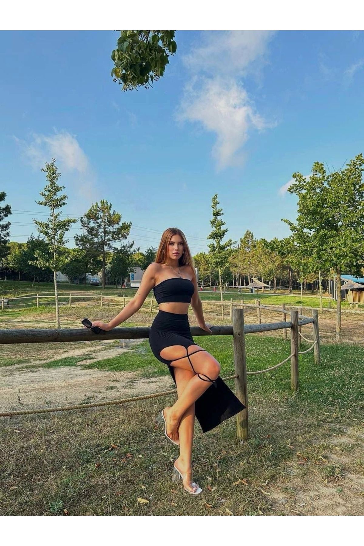 Dovil Kadın Sandy Kumaş Etek Bağcık Detay İkili Siyah Takım