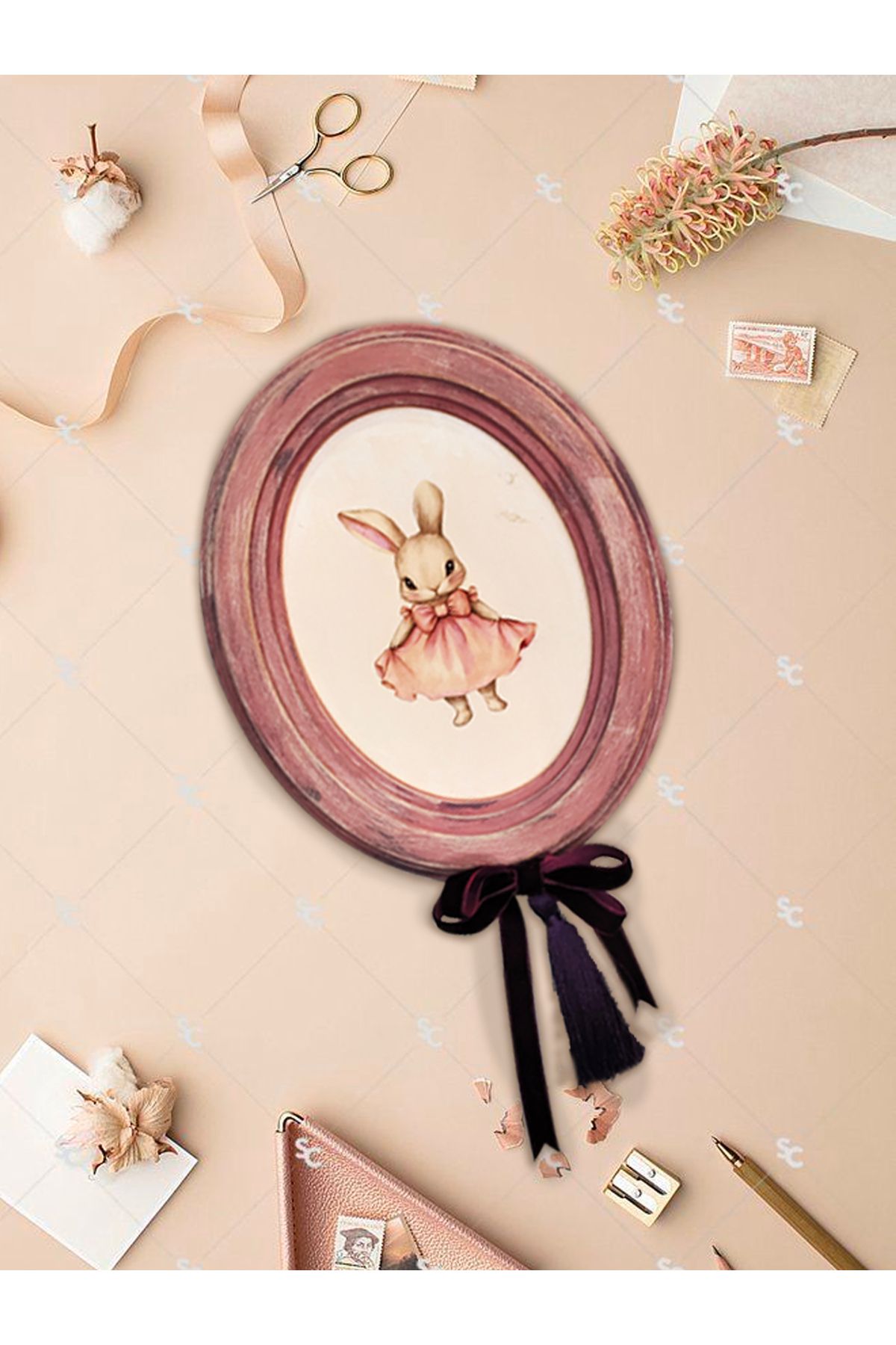 Mia Creative Art Pembe Tavşan Temalı El Yapımı Dekoratif Tablo - Mor Kurdele Detaylı