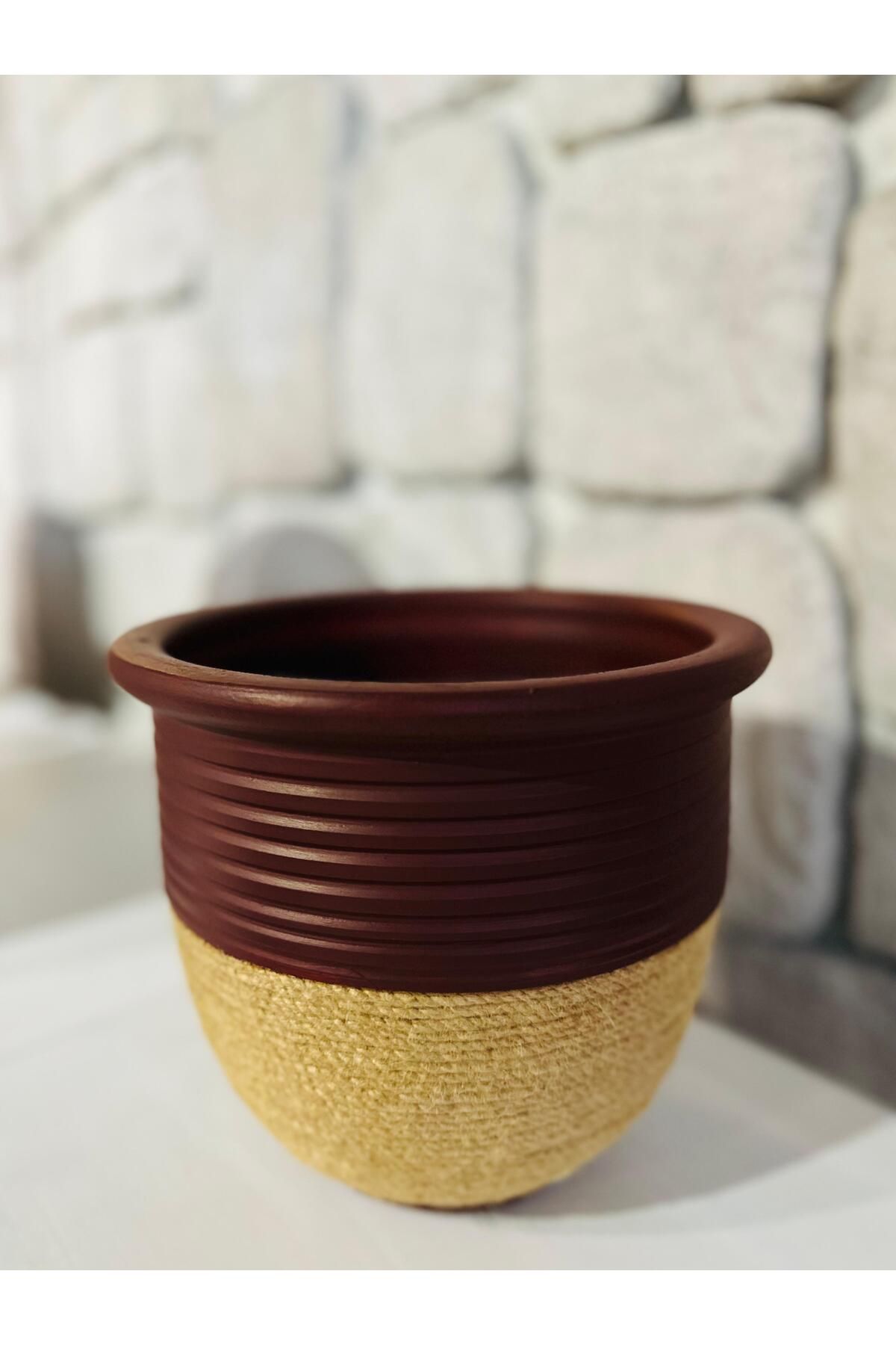 Edvu Konsept Bordo Hasır İpli Seramik Saksı 20x18