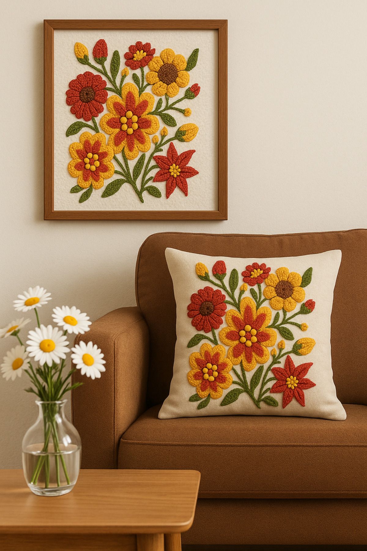 ALAMODECOR Punch Nakış Desen Çift Taraflı Dijital Baskılı Sarı Turuncu Renkli Papatya Desenli2li Kırlent Kılıfı