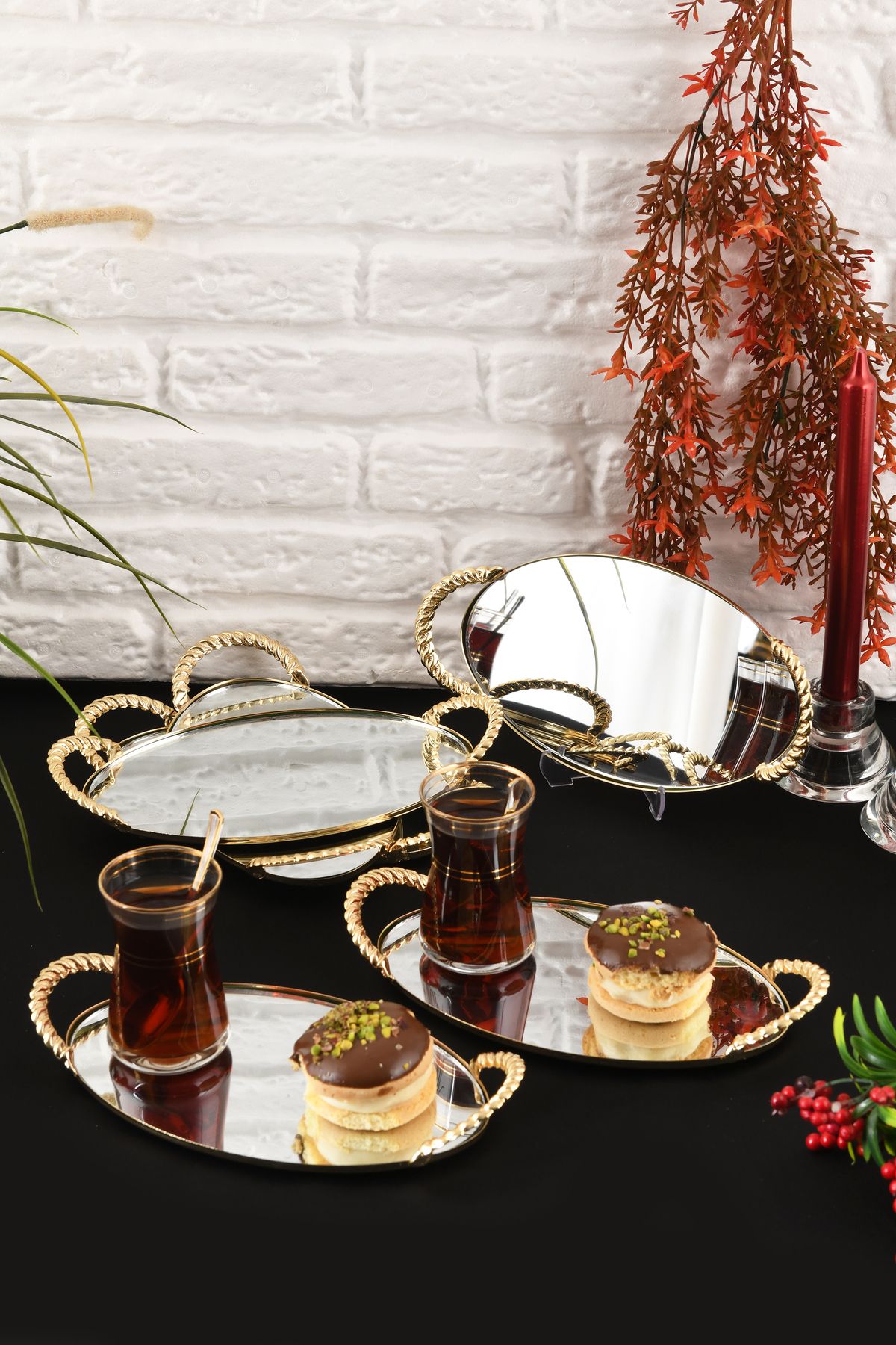 HELVACIOĞLU AKSESUAR 6 Adet Aynalı Kulplu Kahve , Pasta, Kek, Baklava, Kurabiye, Çay Sunum Tepsisi 13x21 cm