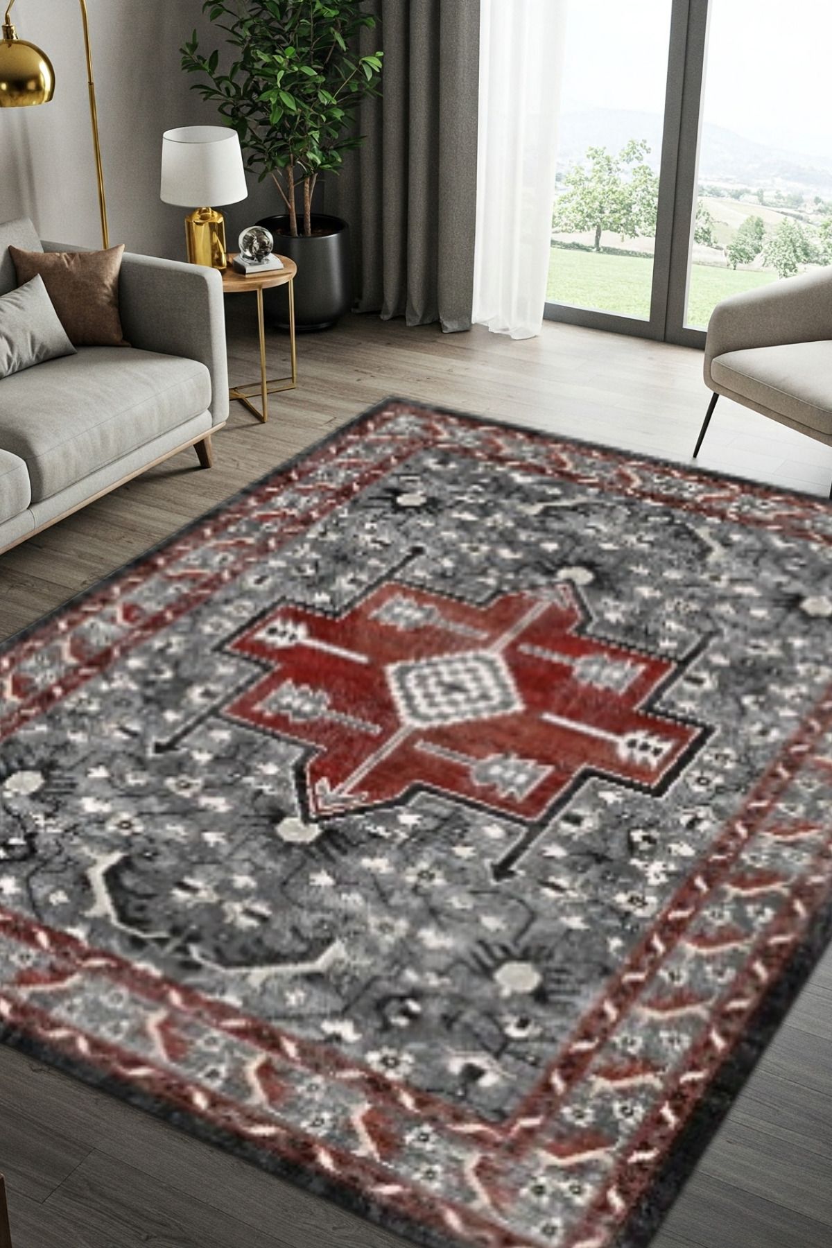 The Reef Design Otantik Kilim Desenli Dijital Baskılı Dokuma Kaymaz Tabanlı Yıkanabilir Antialerjik Salon Halısı