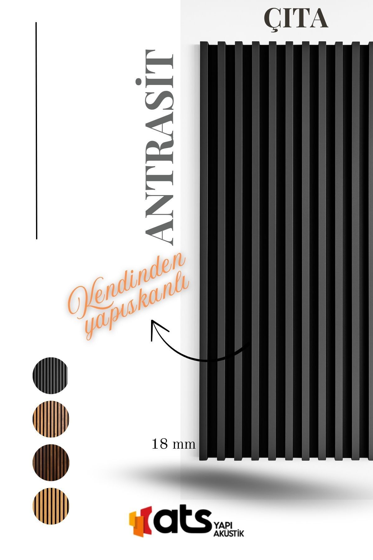 ATS YAPI Antrasit Kendinden Yapışkanlı Çıta Seti – 12 Adet | 120 Cm Uzunluk 18 mm Kalınlık Duvar Dekor Paneli