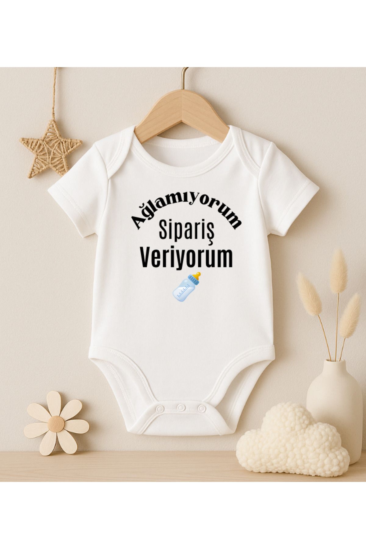 MODAT Ağlamıyorum Sipariş Veriyorum Yazılı Baskılı Bebek badi zıbın