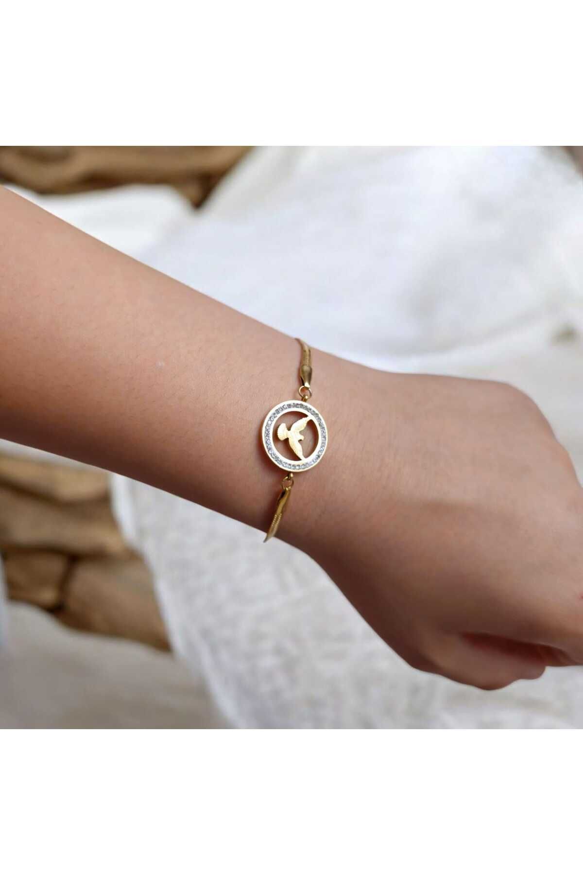 ekacsessories Özgür Ruh | Kuş Figürlü Altın Renk Çelik Bileklik