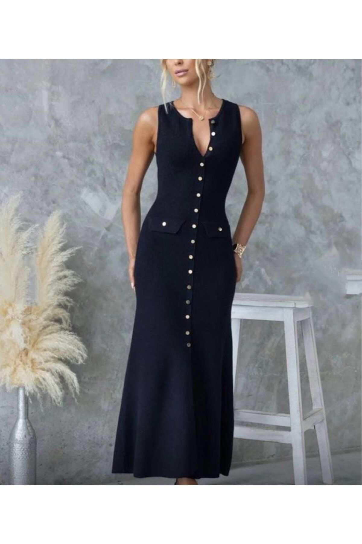 novafems Kadın Kaşkorse Kumaş Düğme Detaylı Kolsuz Maxi Boy Elbise