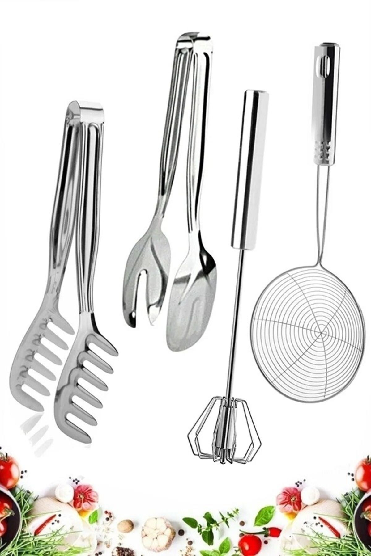 Assess Home Lüks 4 Parça Paslanmaz Çelik Makarna,Salata Maşası, Otomatik Çırpıcı, Kevgir Çeyizlik Mutfak Seti