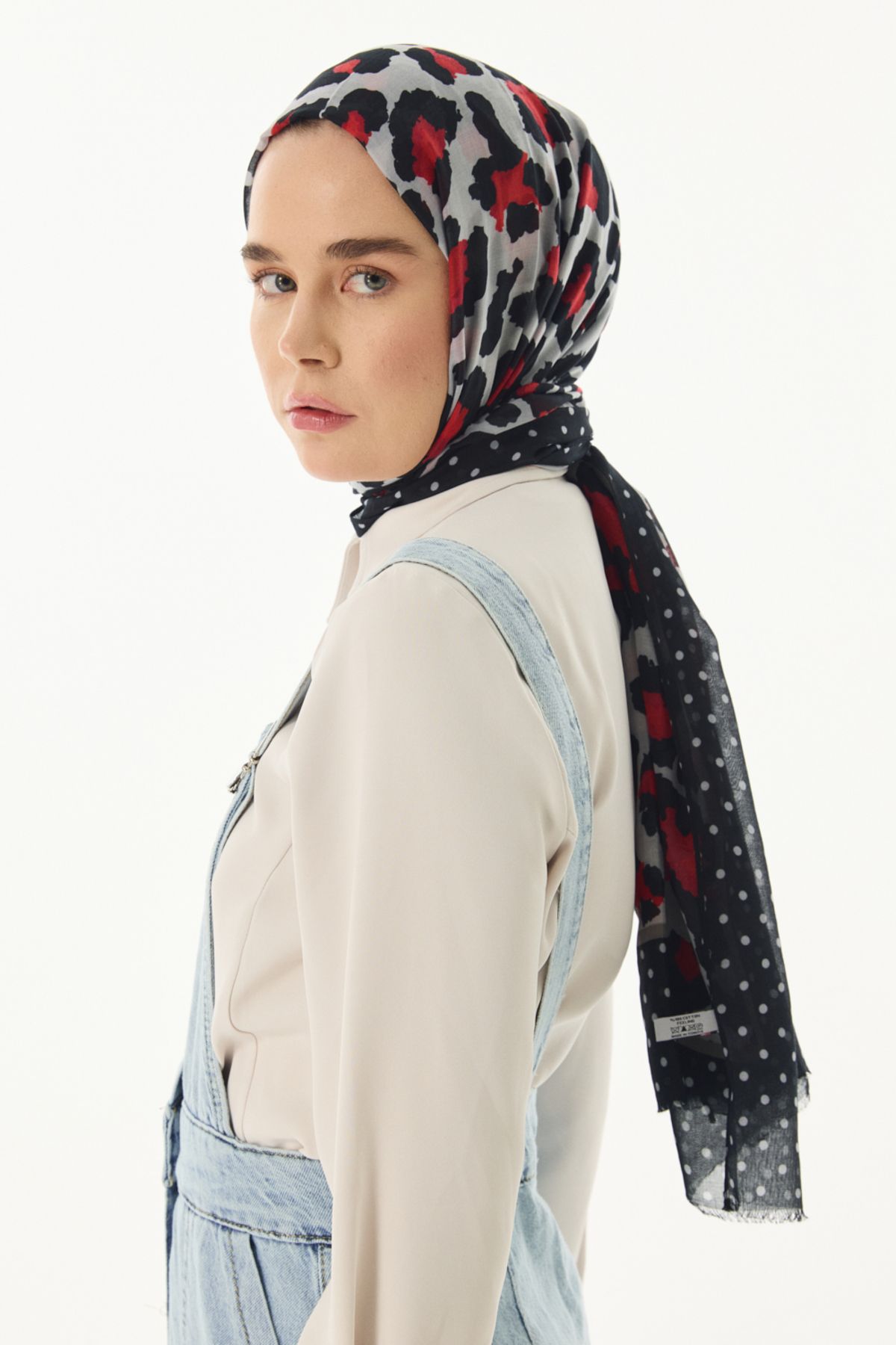 FENZA SCARF Puantiyeli Leopar Desen Pamuklu Şal - Gri-Siyah