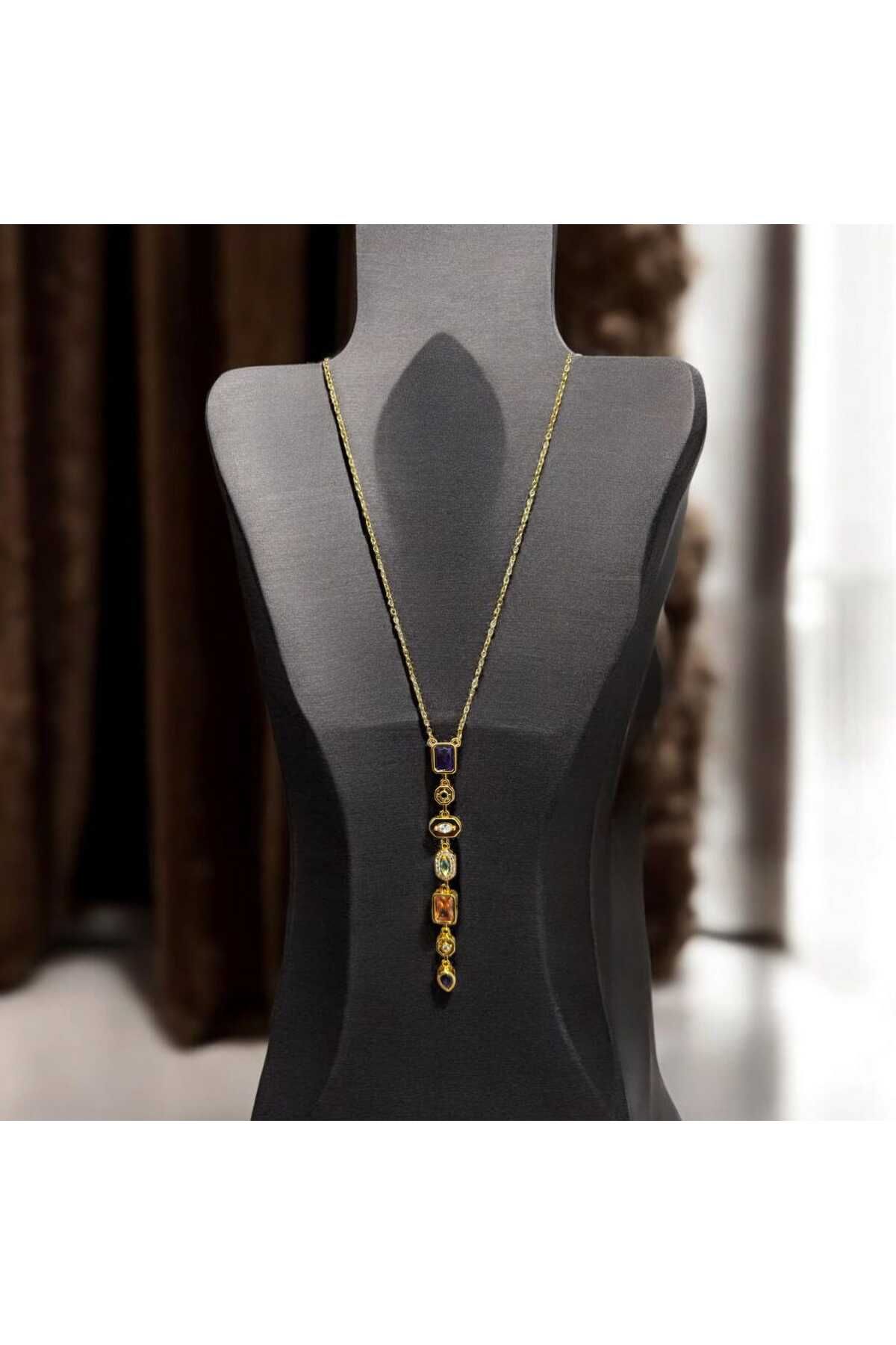 ekacsessories Çakra Dengeleyici Spiritüel Taşlı Altın Renk Y Çelik Kolye