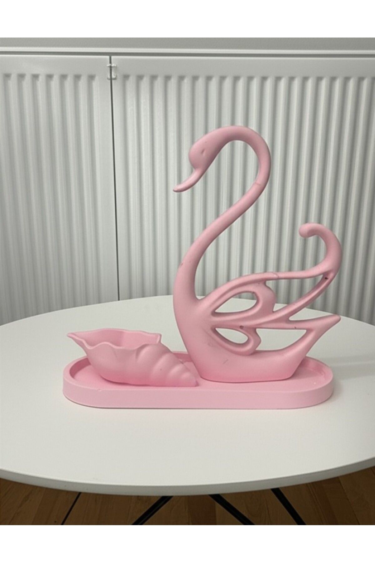 KANERUZ Pembe Büyük Boy Dekoratif Kuğu, Midye, Tepsi 3 Parça Biblo Obje