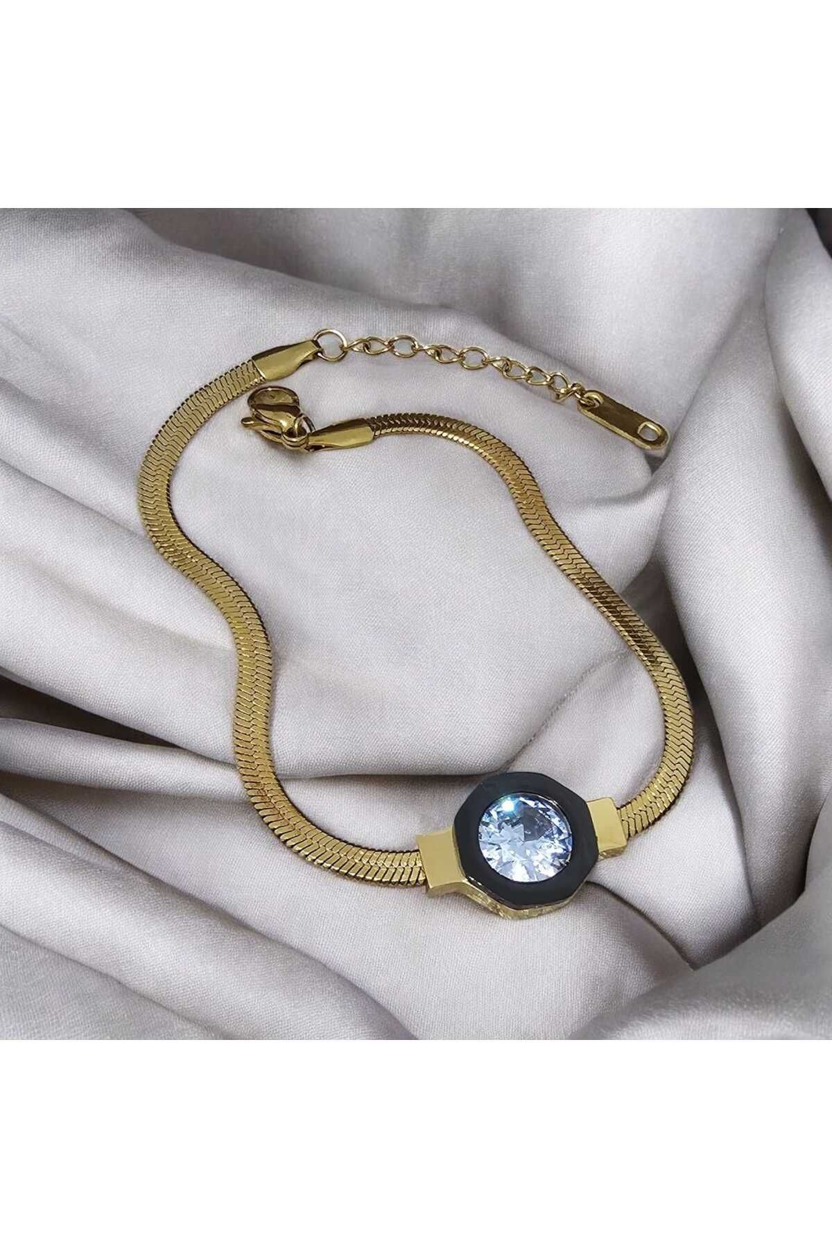 ekacsessories Aurora Işıltısı | Büyük Taş Detaylı Altın Renk Çelik Bileklik