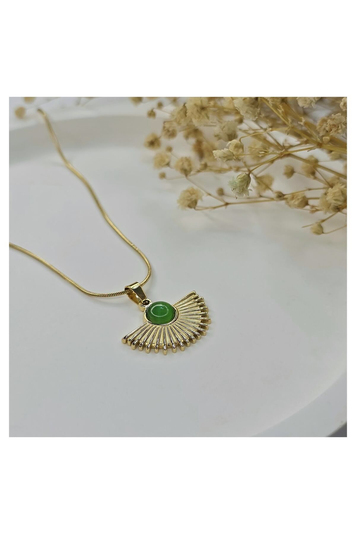 NK YEŞİL OPAL TAŞLI ÇELİK YELPAZE KOLYE