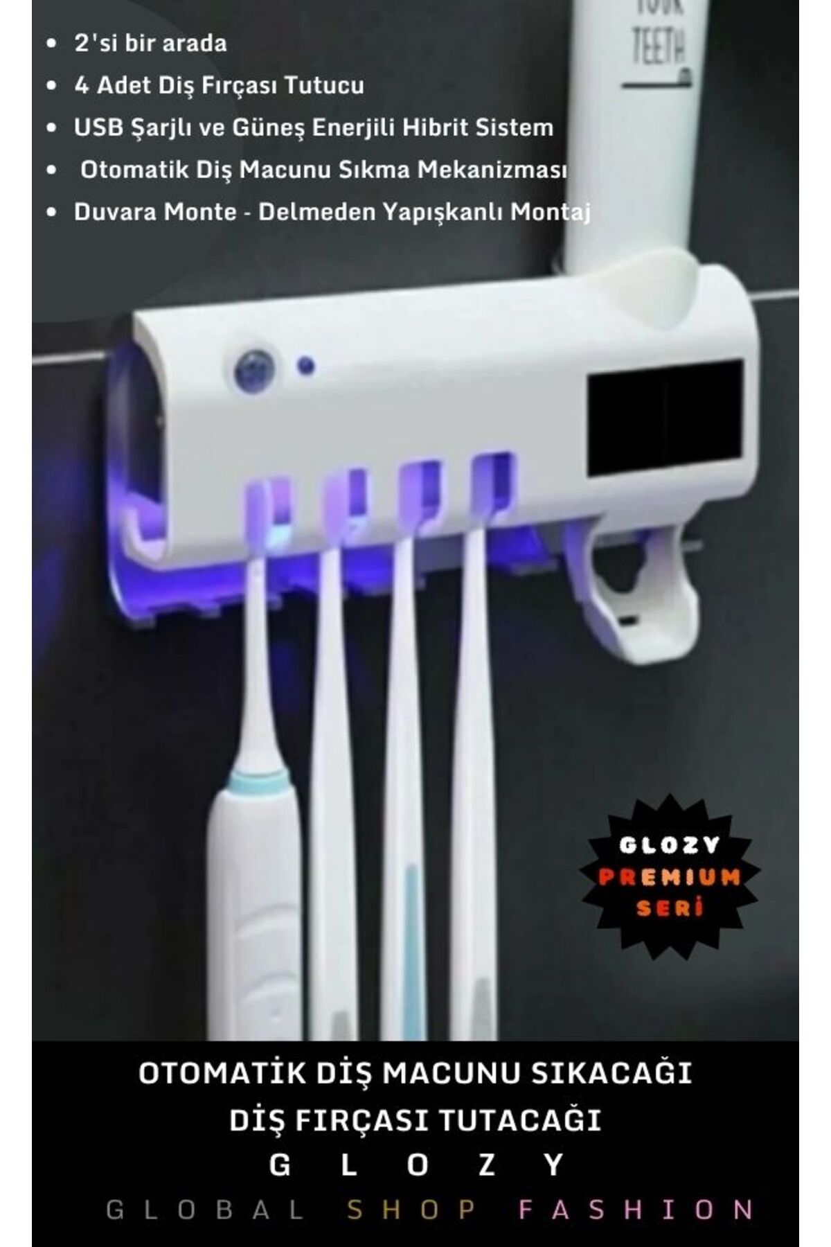 GLOZY Premium Seri Güneş Enerjili USB Şarjlı Sterilizatörlü 4'lü Otomatik Diş Macunluğu