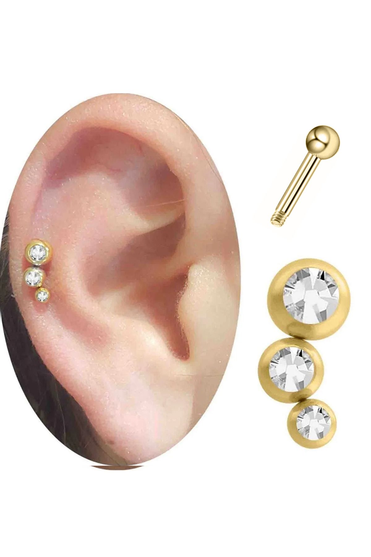 Cadının Dükkanı Üç Taş Gold Çelik Tragus Helix Kıkırdak Piercing