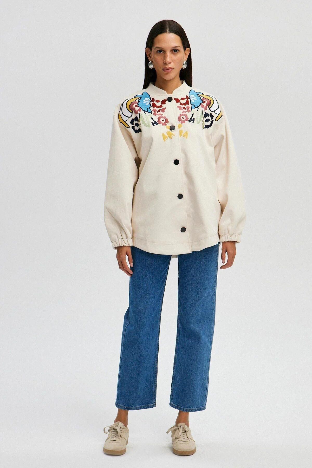 Touche Nakışlı Denim Bomber Ceket Naturel