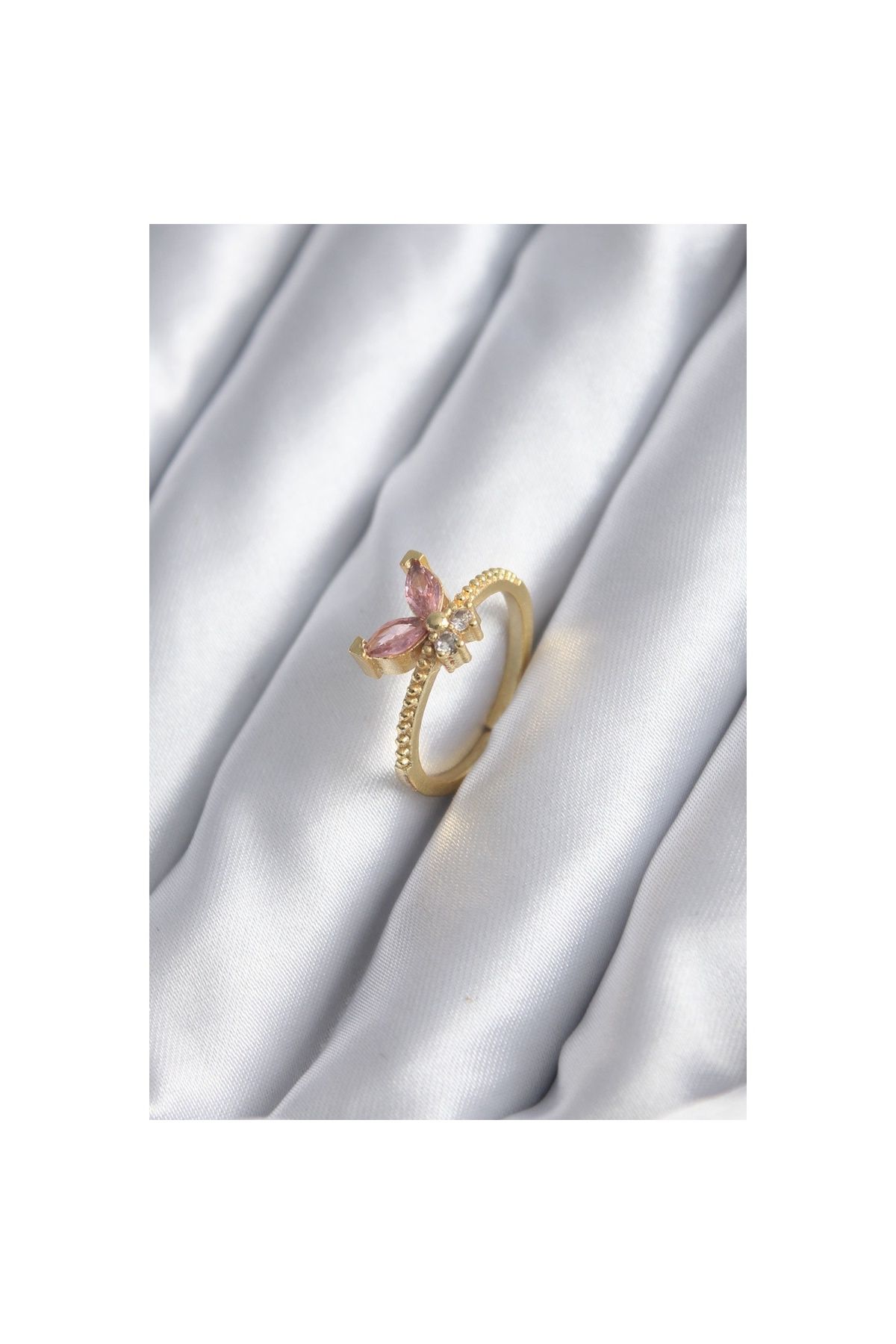 maarketim Gold Renk Pembe Zirkon Taşlı Kelebek Model Kadın Yüzük